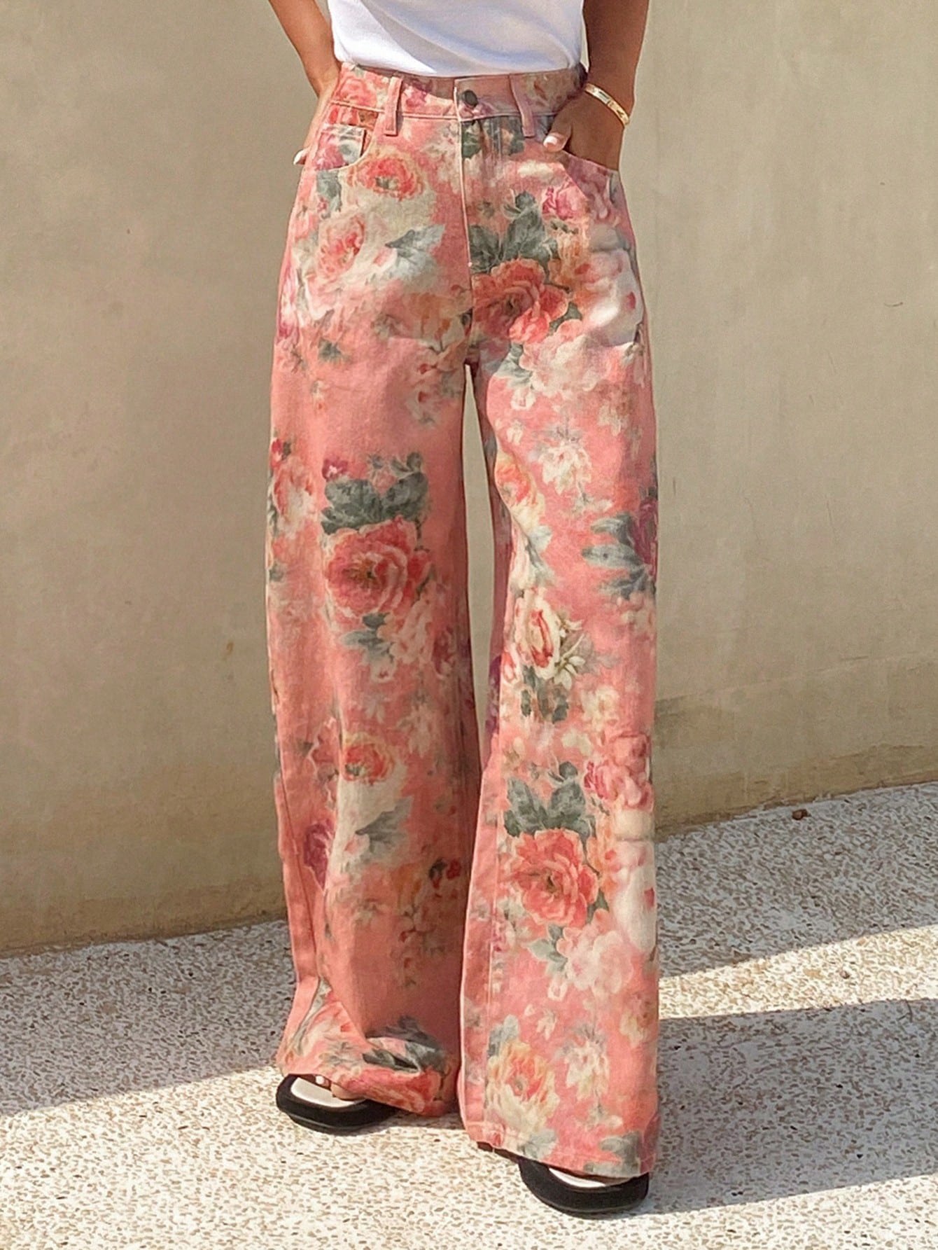 CM-BS722849 Women Casual Seoul Style Mid Waist Elastic Waist Floral Print Straight Leg Denim Jeans - Pink
