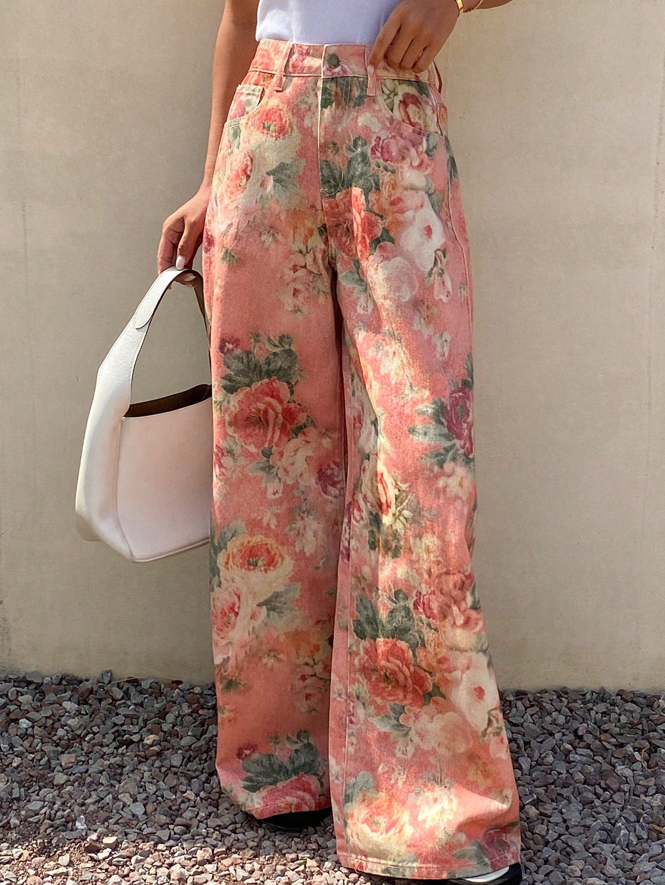 CM-BS722849 Women Casual Seoul Style Mid Waist Elastic Waist Floral Print Straight Leg Denim Jeans - Pink