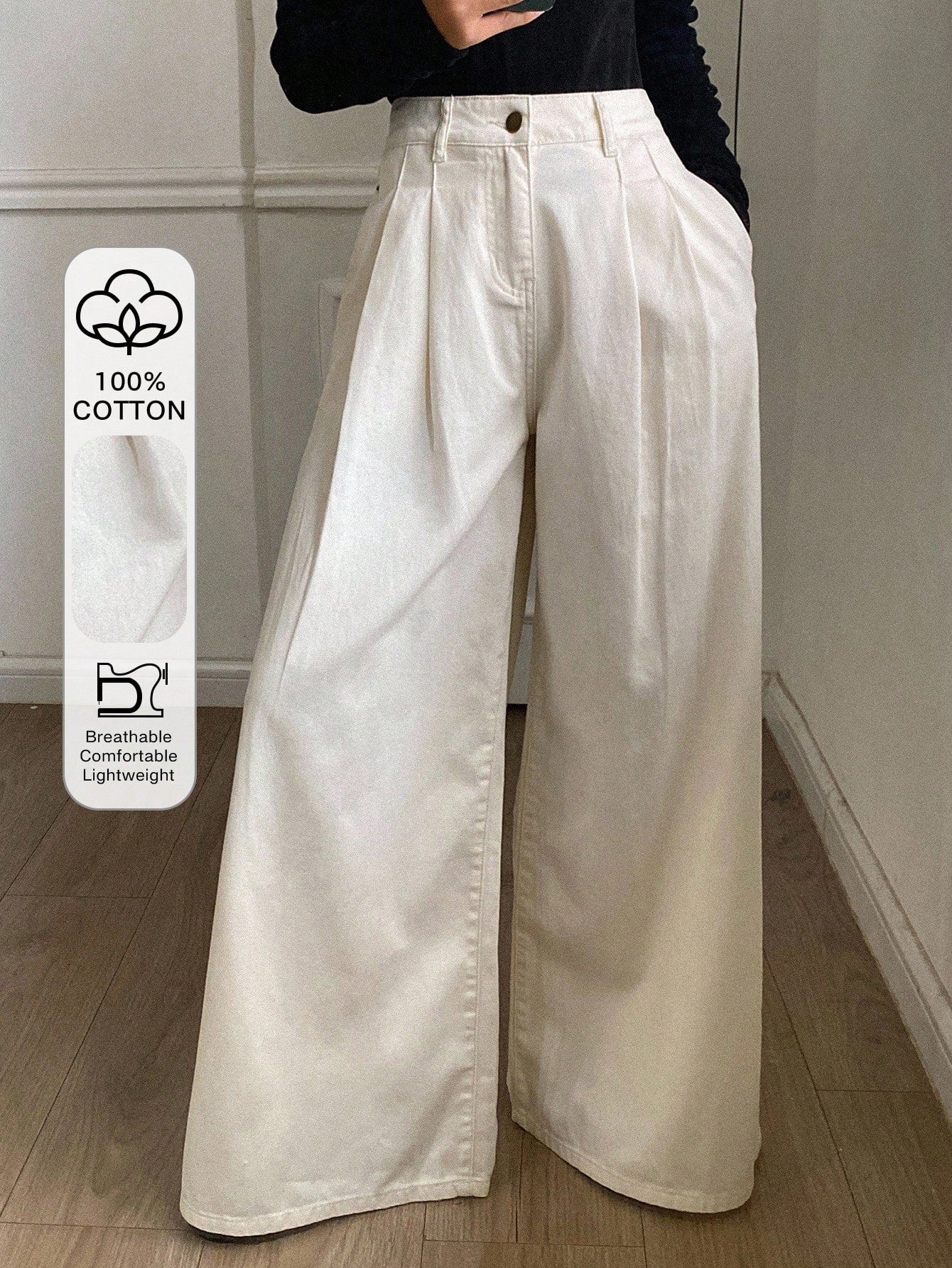 CM-BS214079 Women Casual Seoul Style Solid Color High Waist Pleated Loose Wide-Leg Jeans - Beige