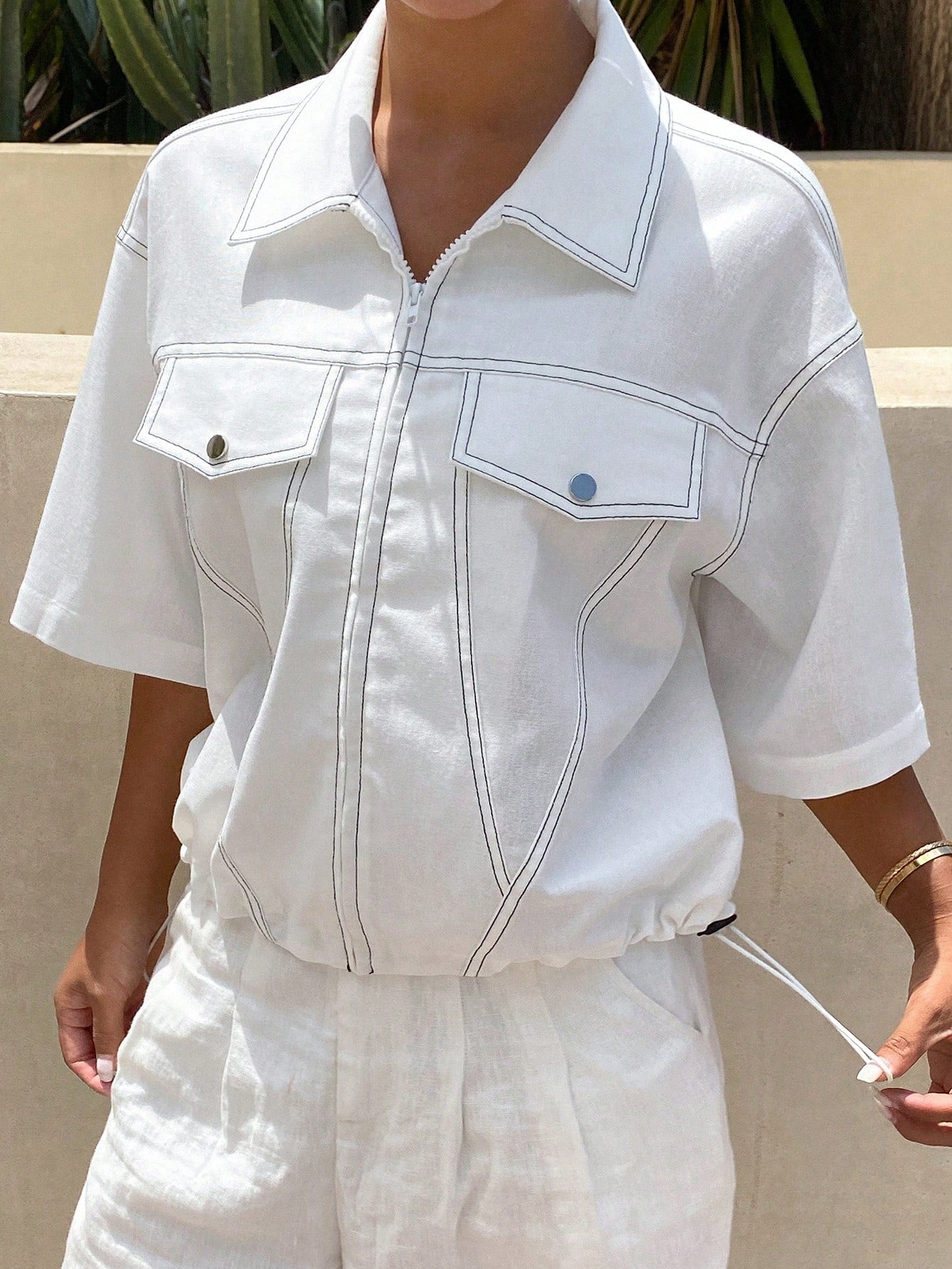 CM-CS511852 Women Casual Seoul Style Collar Neckline Short Sleeve Decorative Pockets Loose Jacket - White