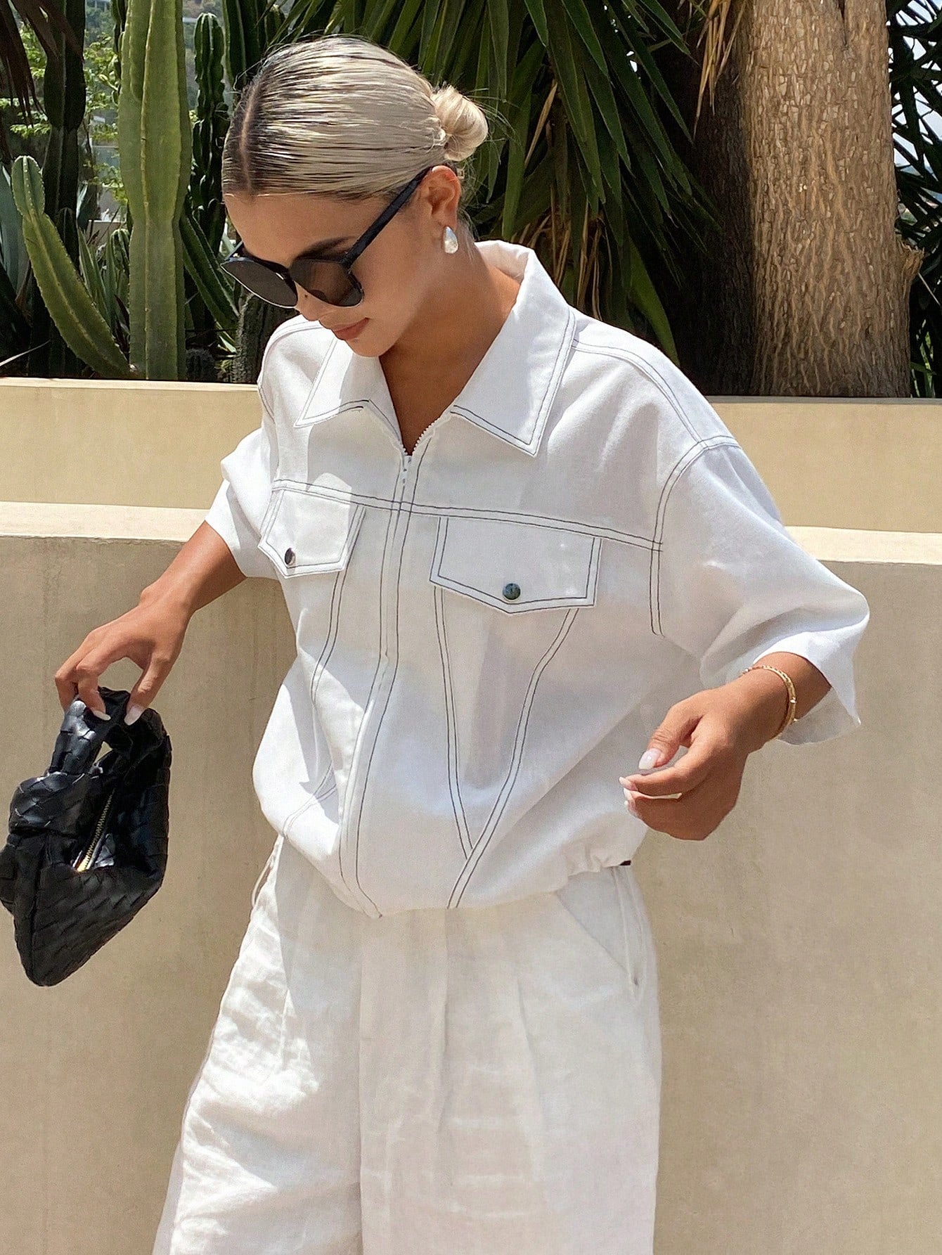 CM-CS511852 Women Casual Seoul Style Collar Neckline Short Sleeve Decorative Pockets Loose Jacket - White