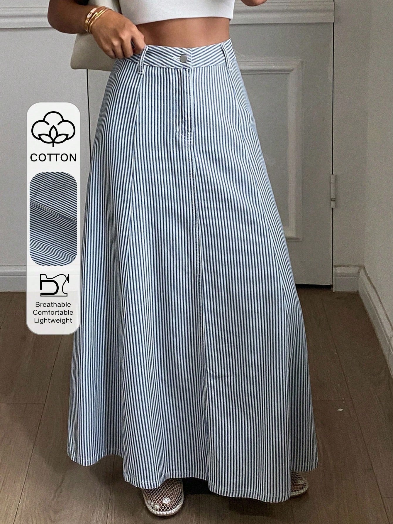 CM-BS224474 Women Casual Seoul Style Mid Waist Striped Pleated Loose Denim Skirt - Blue