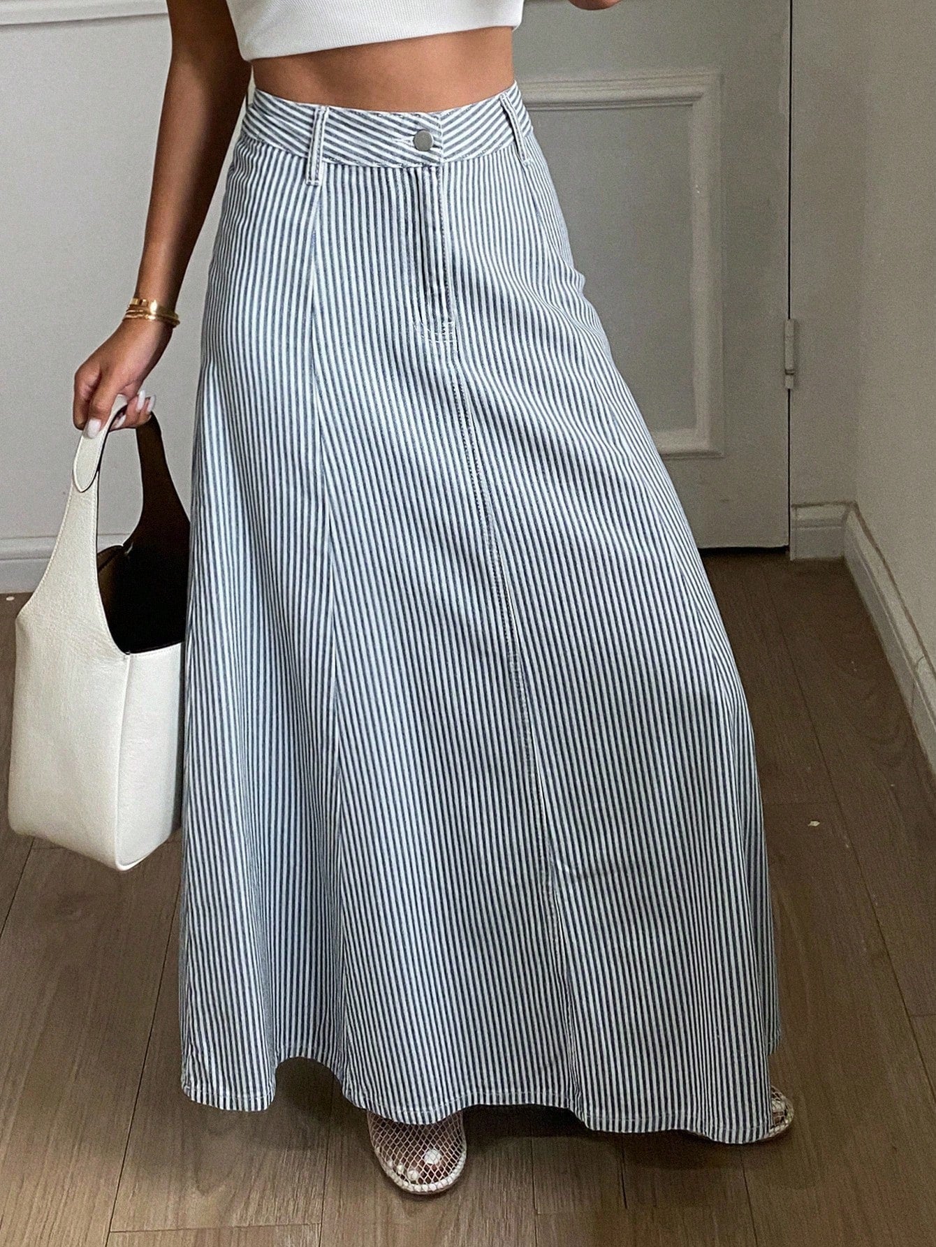CM-BS224474 Women Casual Seoul Style Mid Waist Striped Pleated Loose Denim Skirt - Blue