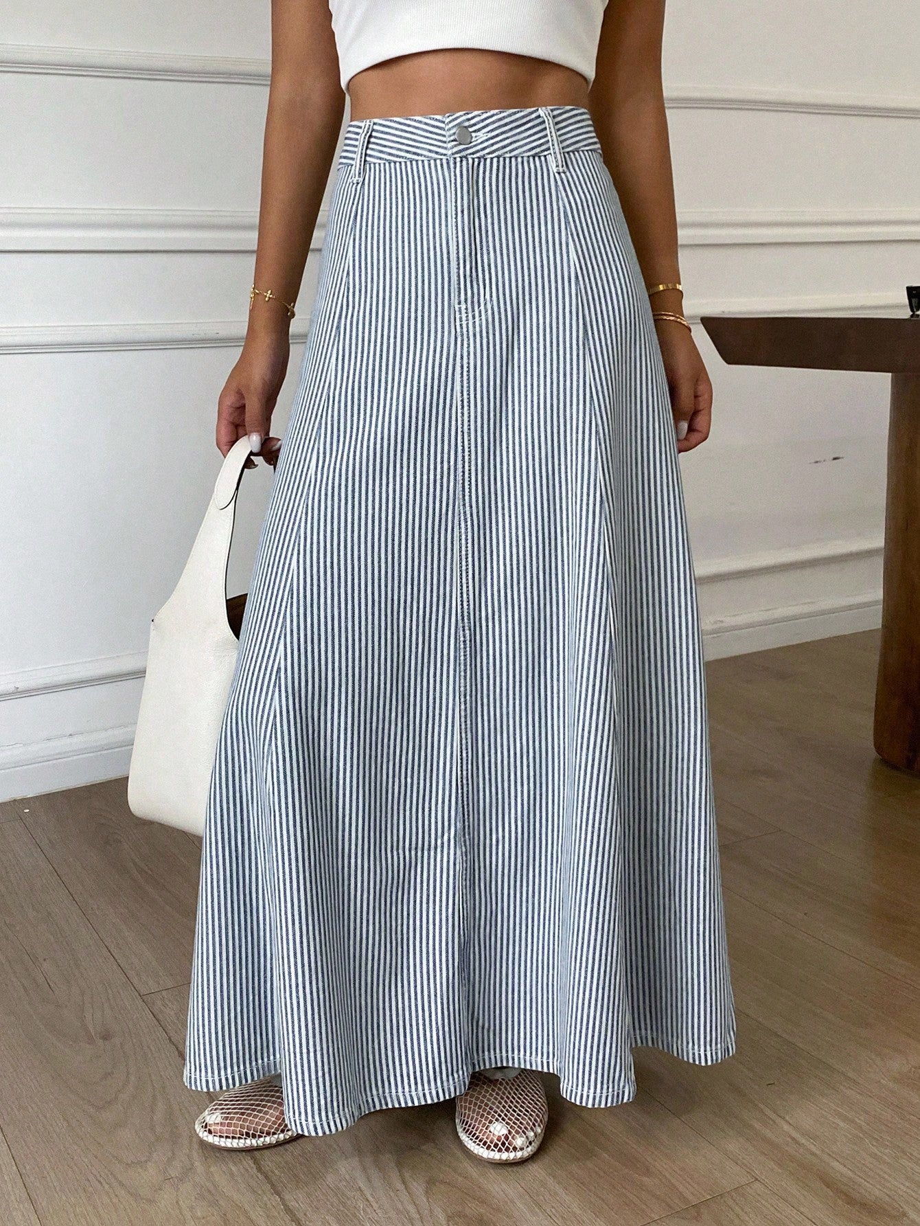CM-BS224474 Women Casual Seoul Style Mid Waist Striped Pleated Loose Denim Skirt - Blue
