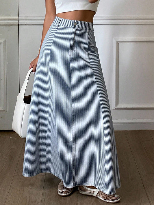 CM-BS224474 Women Casual Seoul Style Mid Waist Striped Pleated Loose Denim Skirt - Blue