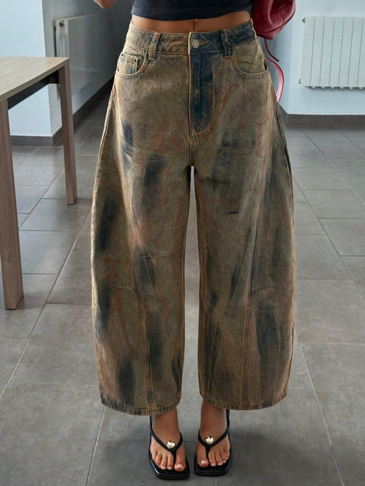 CM-BS142430 Women Casual Seoul Style Mid Waist Graphic Print Slant Pocket Loose Fit Jeans
