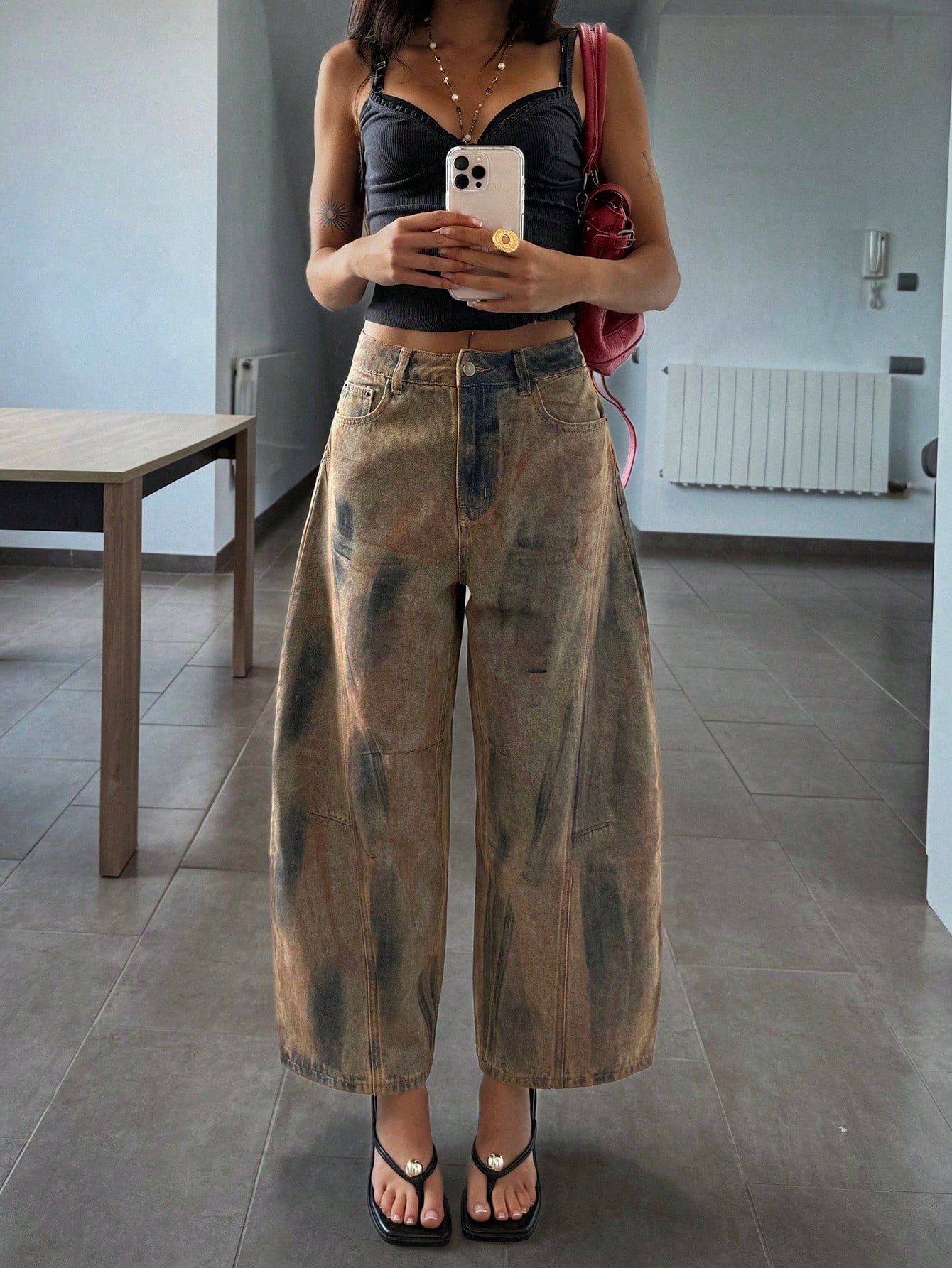 CM-BS142430 Women Casual Seoul Style Mid Waist Graphic Print Slant Pocket Loose Fit Jeans