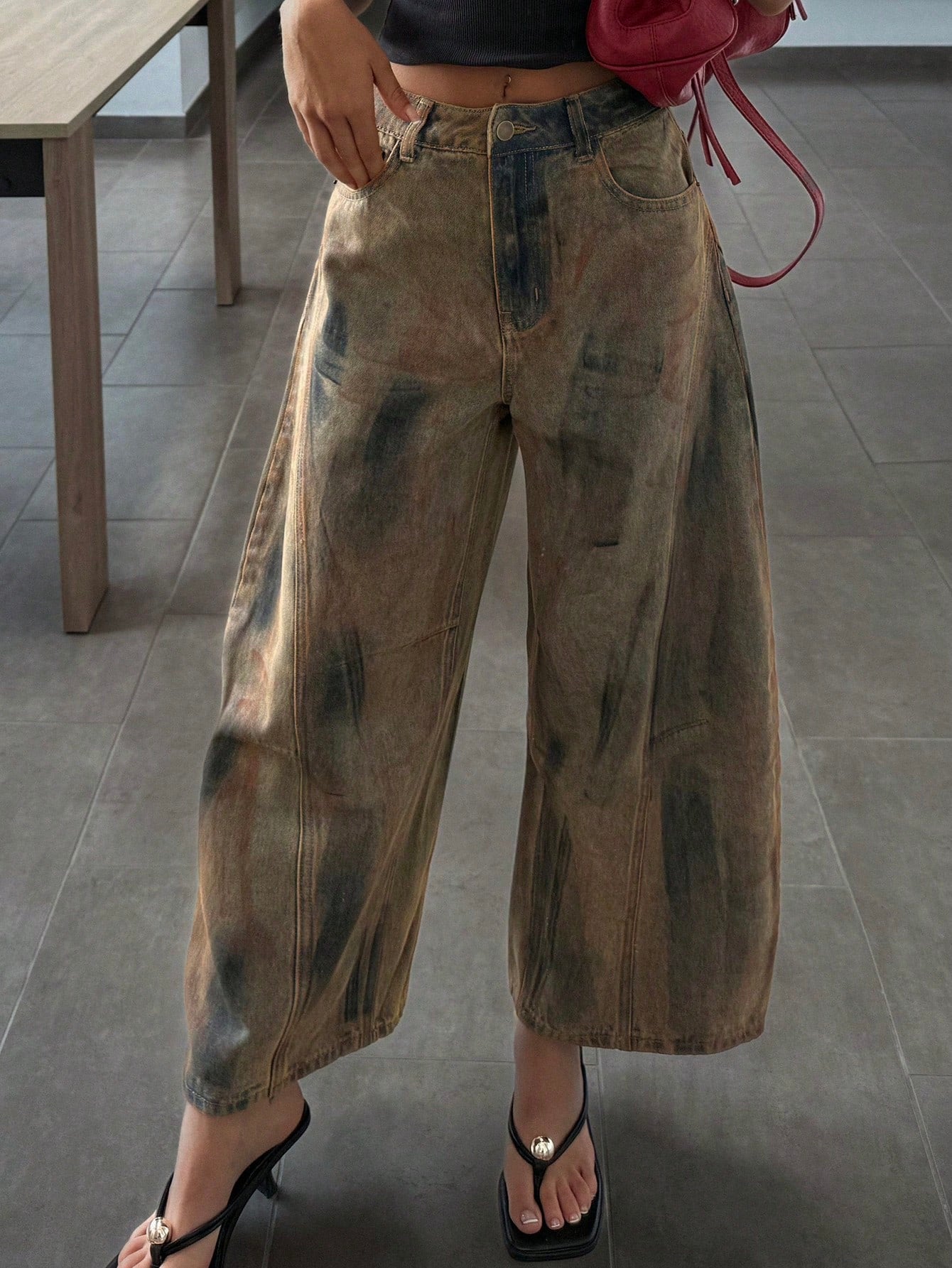 CM-BS142430 Women Casual Seoul Style Mid Waist Graphic Print Slant Pocket Loose Fit Jeans