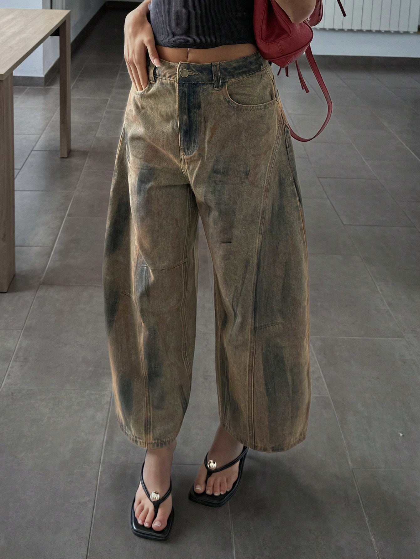 CM-BS142430 Women Casual Seoul Style Mid Waist Graphic Print Slant Pocket Loose Fit Jeans