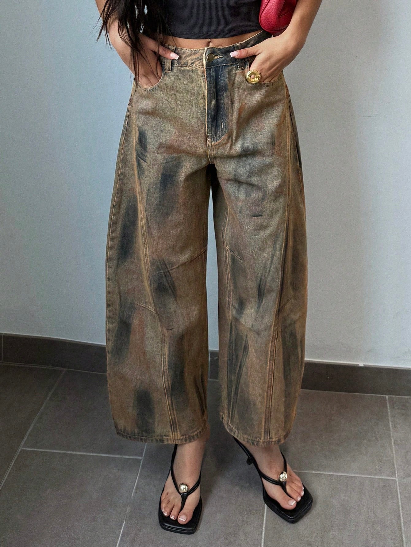 CM-BS142430 Women Casual Seoul Style Mid Waist Graphic Print Slant Pocket Loose Fit Jeans