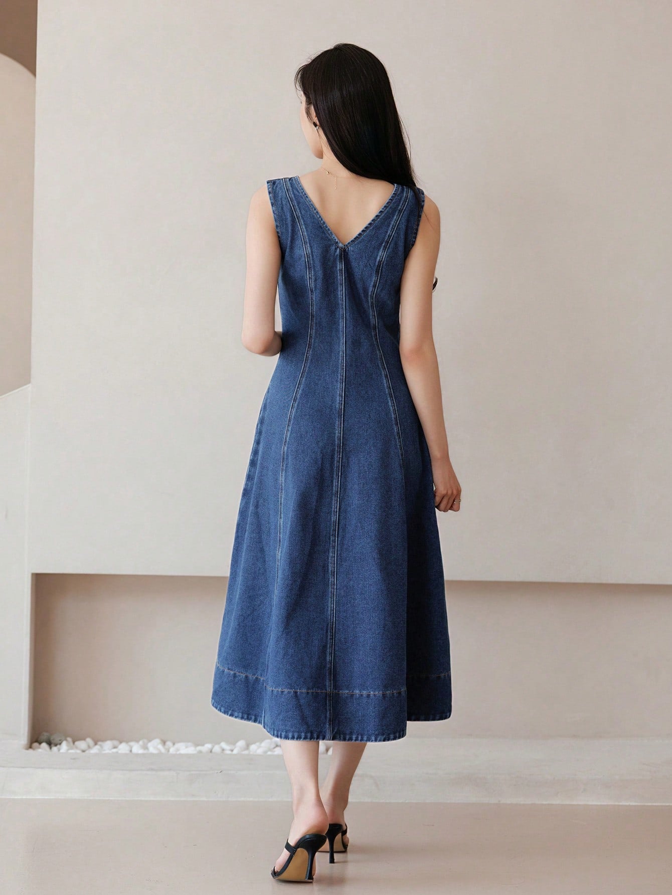 CM-DS652918 Women Elegant Seoul Style Slim Fit V-Neck High Waist Long Denim Dress - Blue