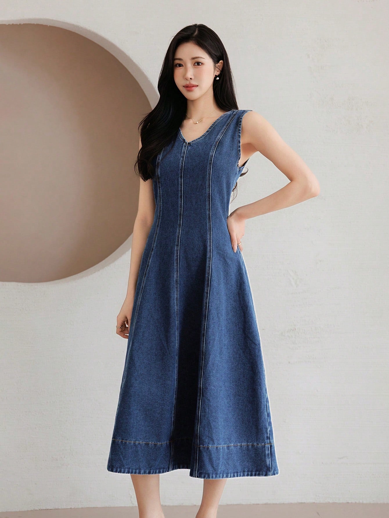 CM-DS652918 Women Elegant Seoul Style Slim Fit V-Neck High Waist Long Denim Dress - Blue