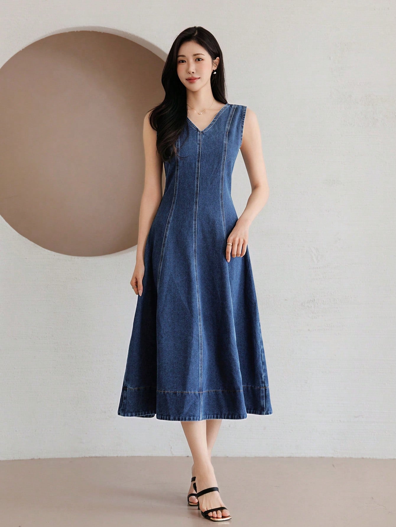 CM-DS652918 Women Elegant Seoul Style Slim Fit V-Neck High Waist Long Denim Dress - Blue