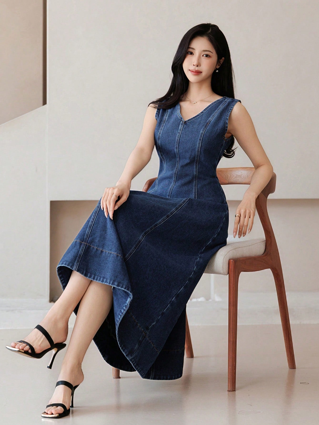 CM-DS652918 Women Elegant Seoul Style Slim Fit V-Neck High Waist Long Denim Dress - Blue