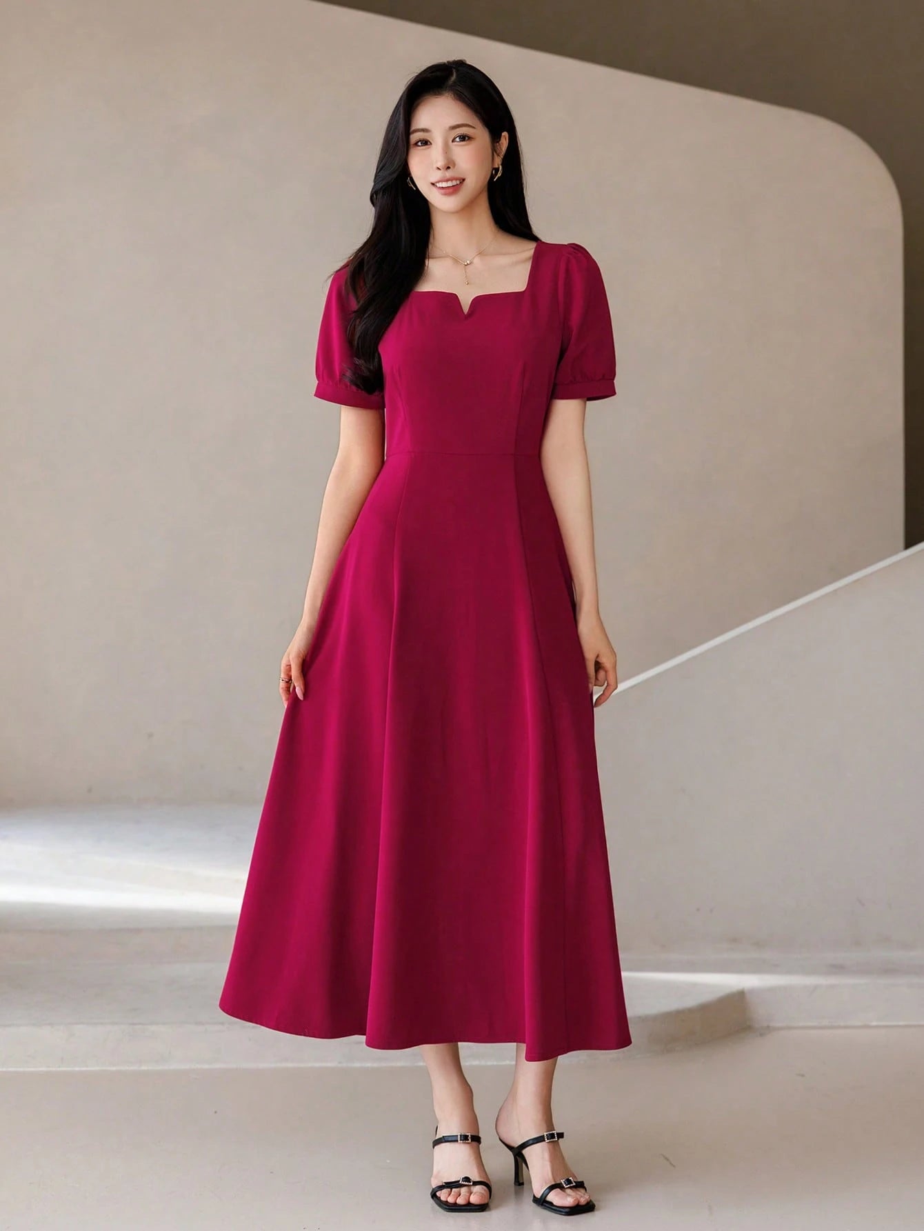 CM-DS741254 Women Elegant Seoul Style Square Neck Half Sleeve High Waist Mid-Length Dress - Burgundy