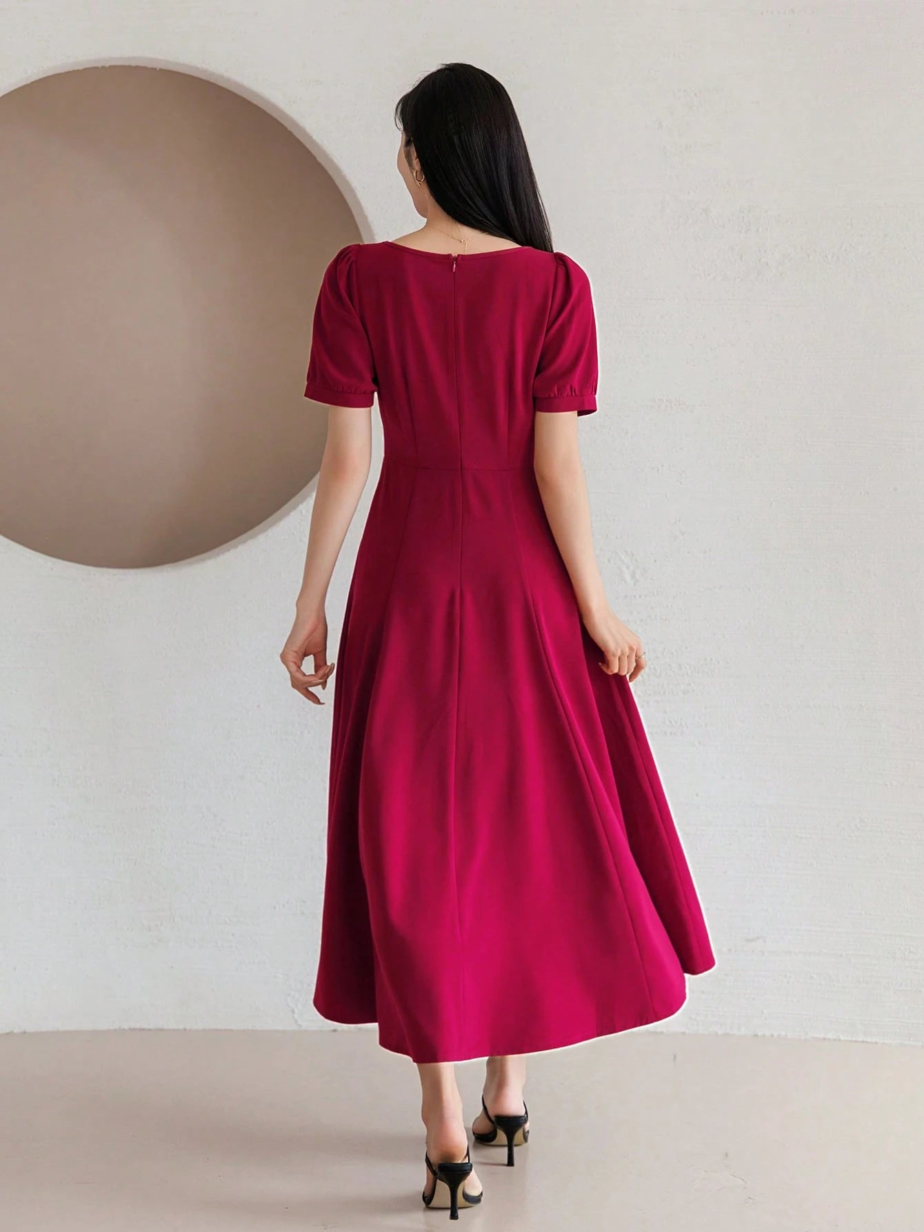 CM-DS741254 Women Elegant Seoul Style Square Neck Half Sleeve High Waist Mid-Length Dress - Burgundy