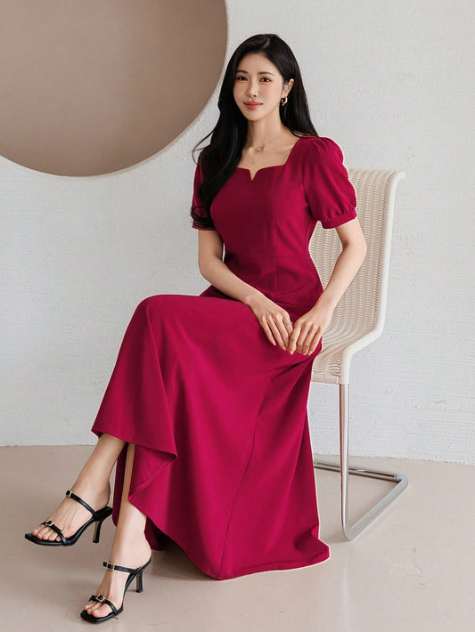 CM-DS741254 Women Elegant Seoul Style Square Neck Half Sleeve High Waist Mid-Length Dress - Burgundy