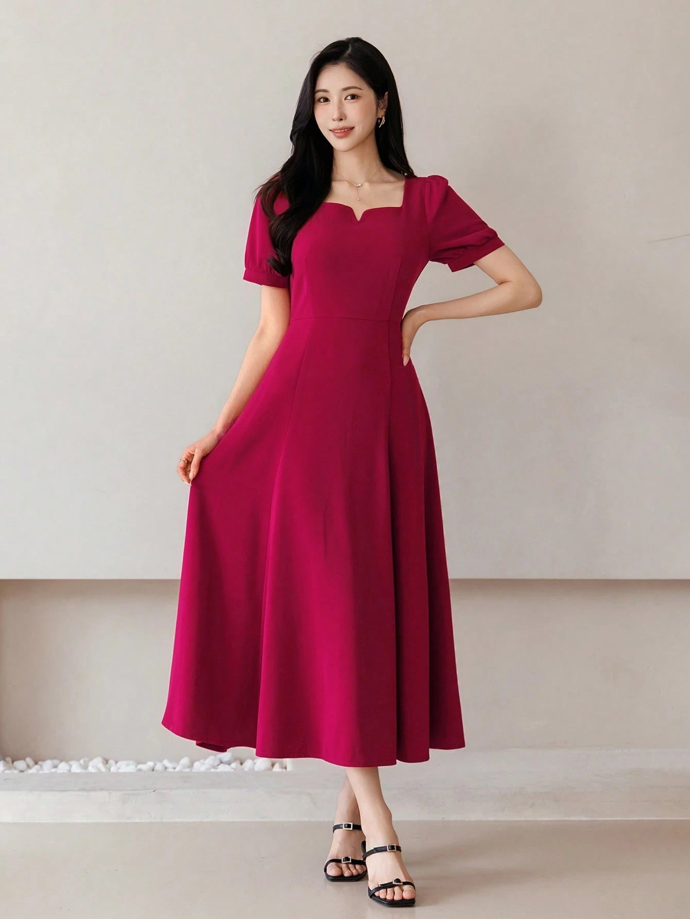 CM-DS741254 Women Elegant Seoul Style Square Neck Half Sleeve High Waist Mid-Length Dress - Burgundy