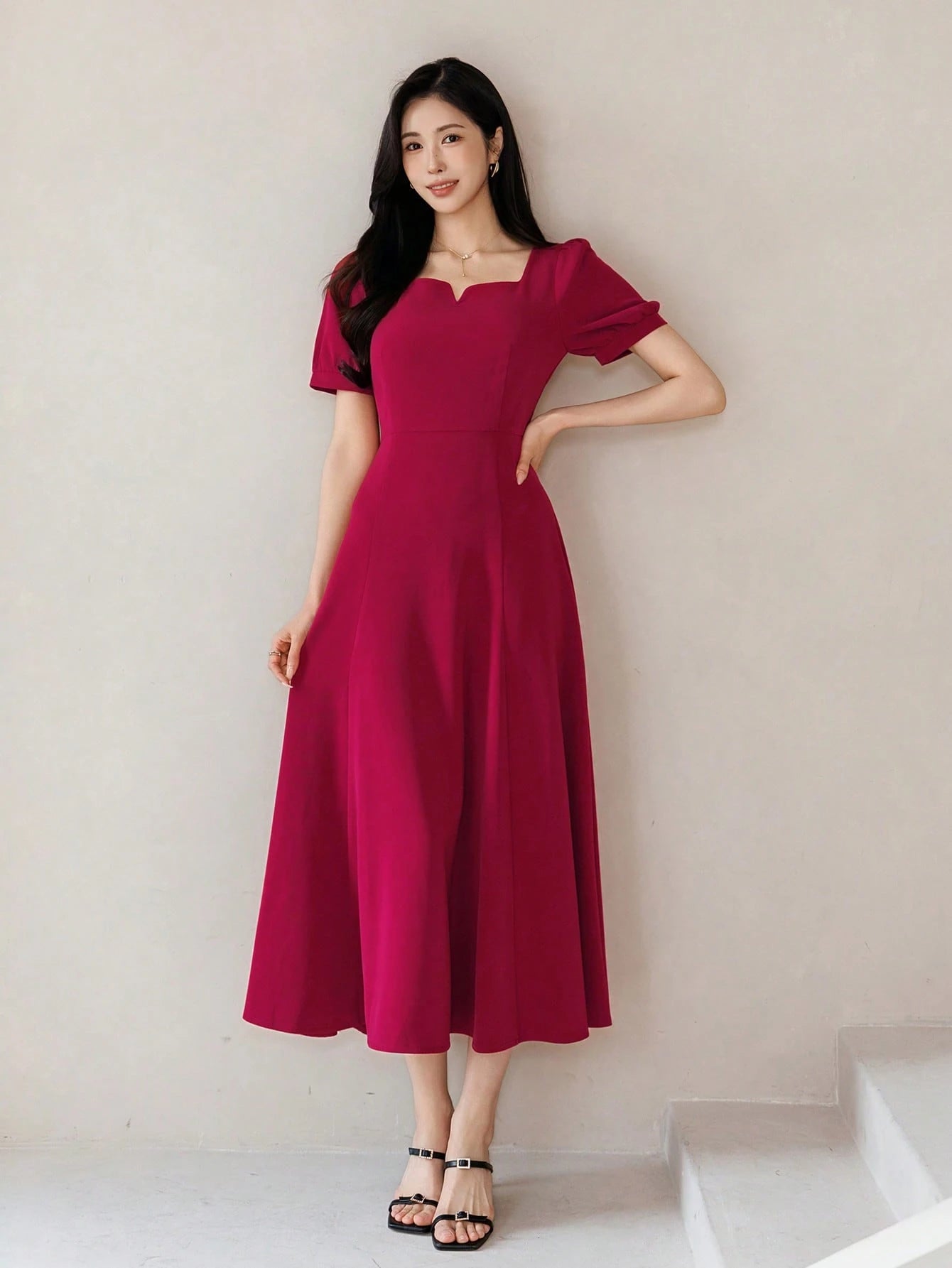 CM-DS741254 Women Elegant Seoul Style Square Neck Half Sleeve High Waist Mid-Length Dress - Burgundy