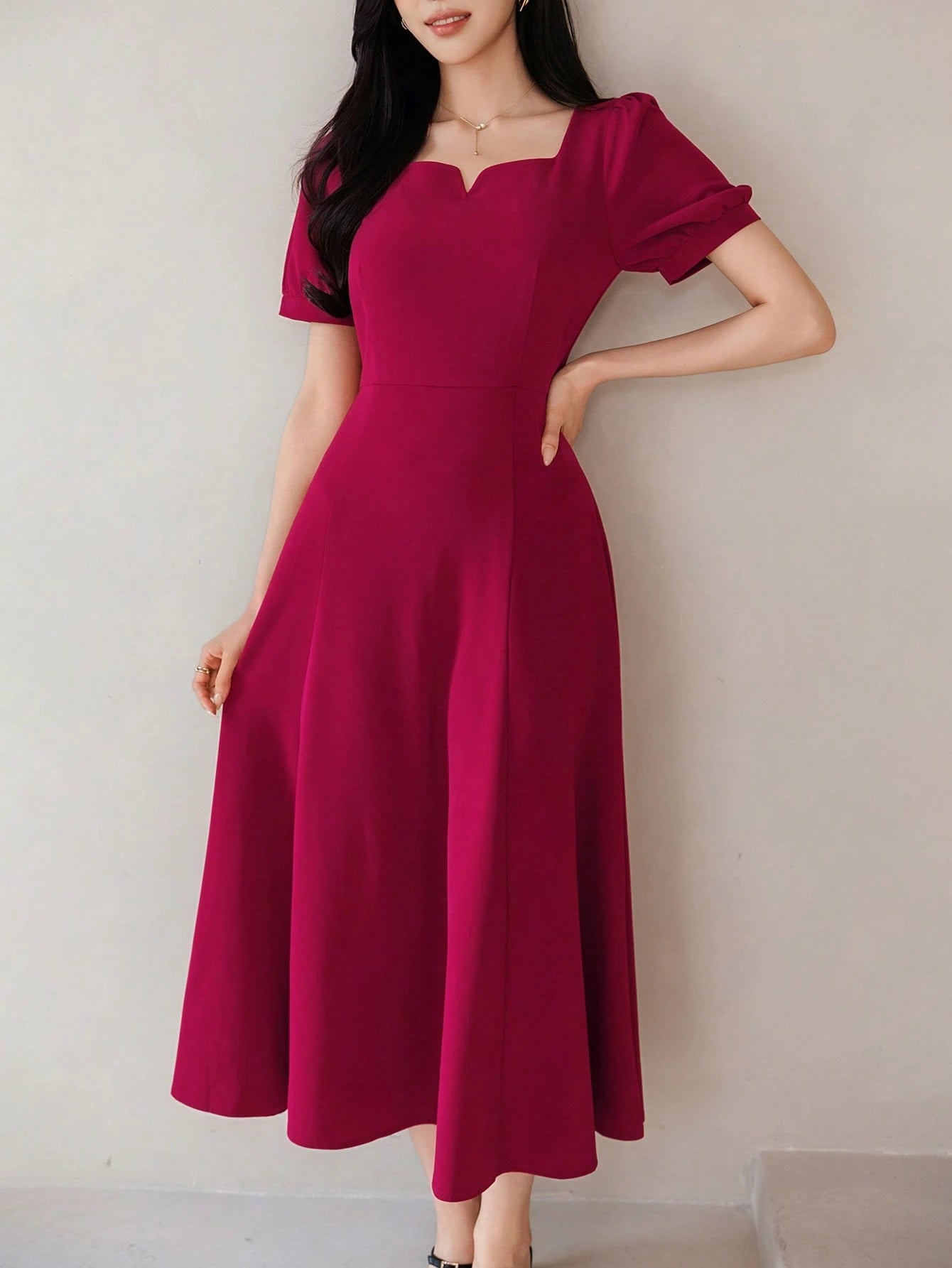 CM-DS741254 Women Elegant Seoul Style Square Neck Half Sleeve High Waist Mid-Length Dress - Burgundy