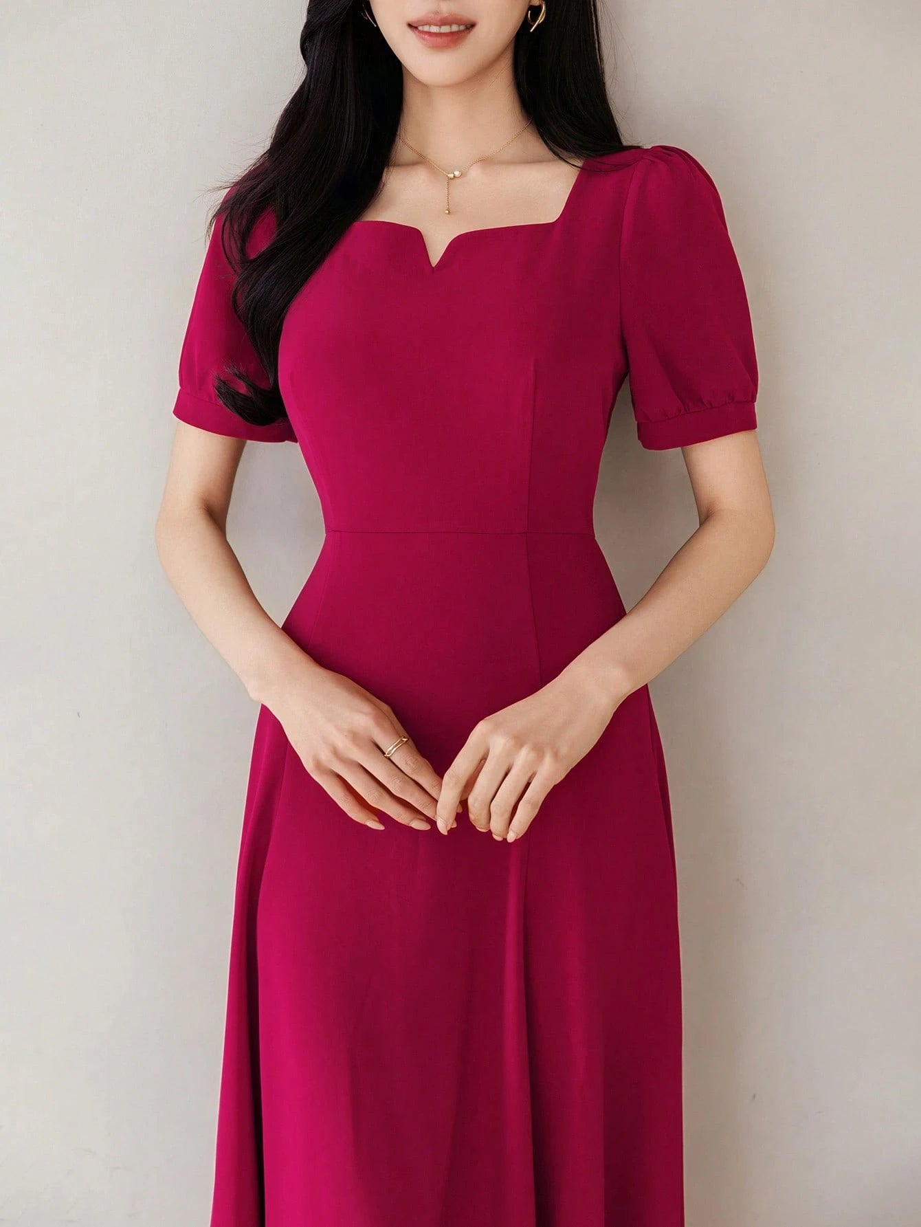 CM-DS741254 Women Elegant Seoul Style Square Neck Half Sleeve High Waist Mid-Length Dress - Burgundy