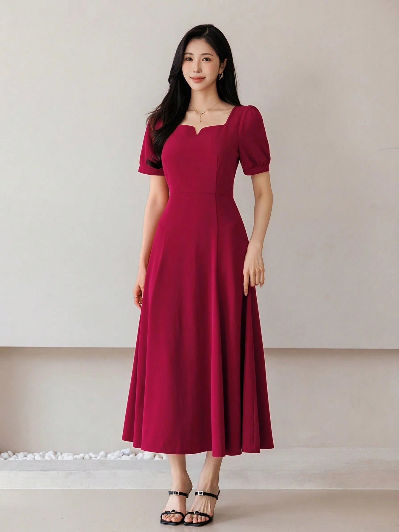 CM-DS741254 Women Elegant Seoul Style Square Neck Half Sleeve High Waist Mid-Length Dress - Burgundy