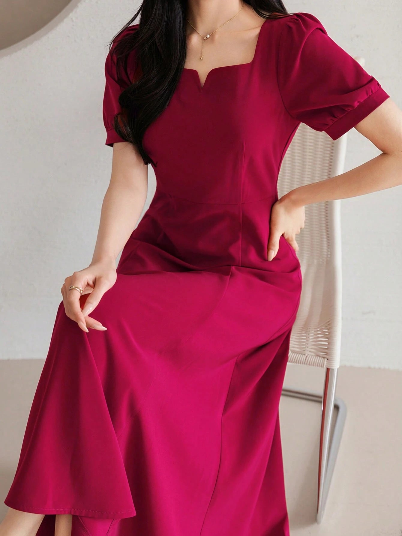 CM-DS741254 Women Elegant Seoul Style Square Neck Half Sleeve High Waist Mid-Length Dress - Burgundy