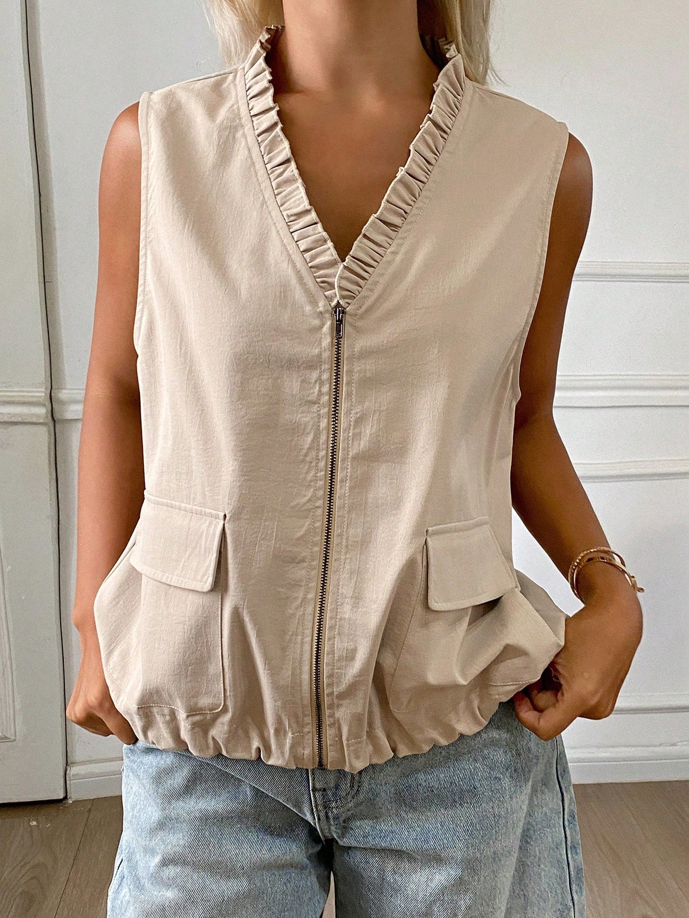 CM-CS131064 Women Casual Seoul Style Solid Color V-Neck Zipper Pocket Sleeveless Jacket - Khaki
