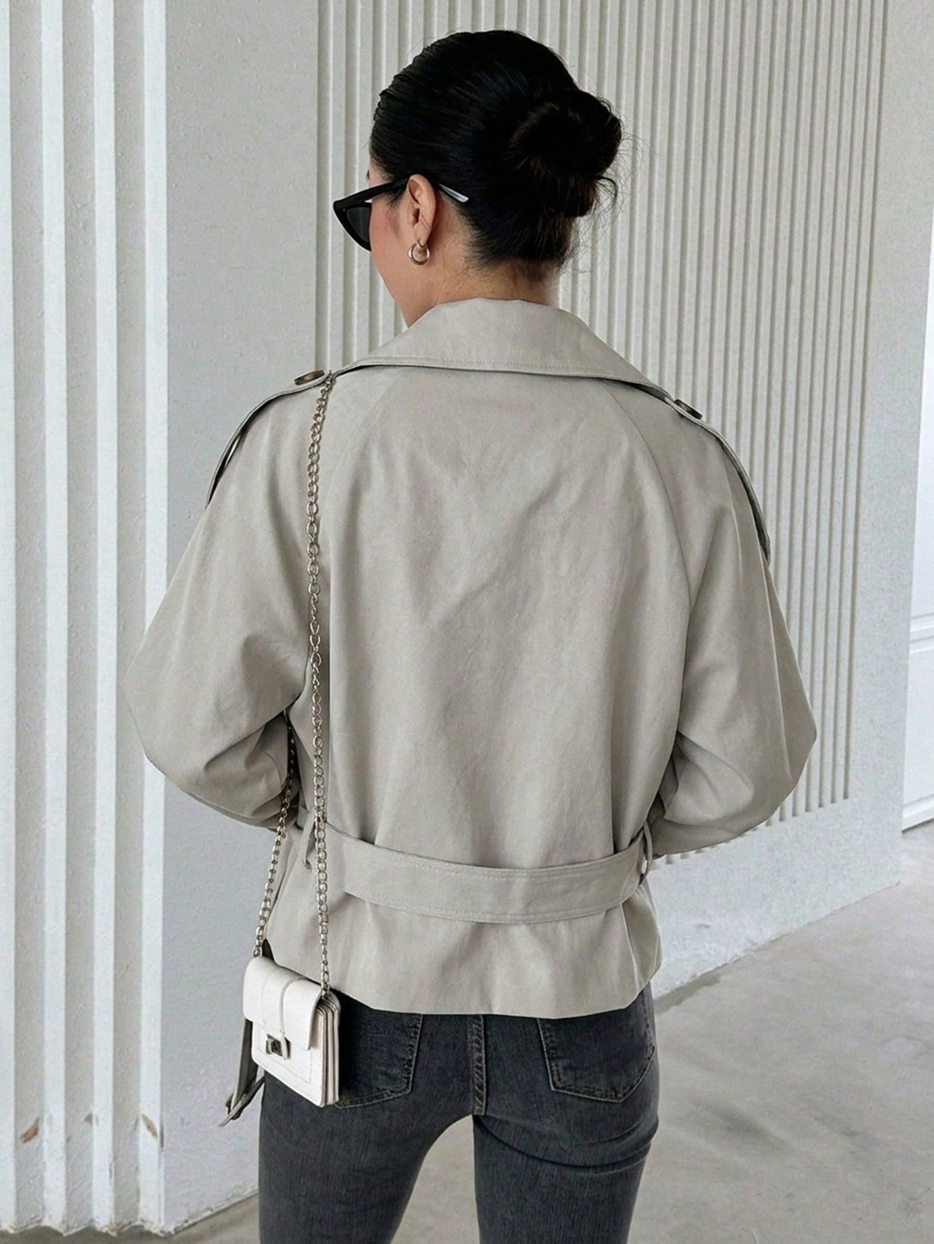 CM-CS164700 Women Elegant Seoul Style Lapel Neckline Long Sleeve Double Breasted Belted Trench Coat - Light Gray