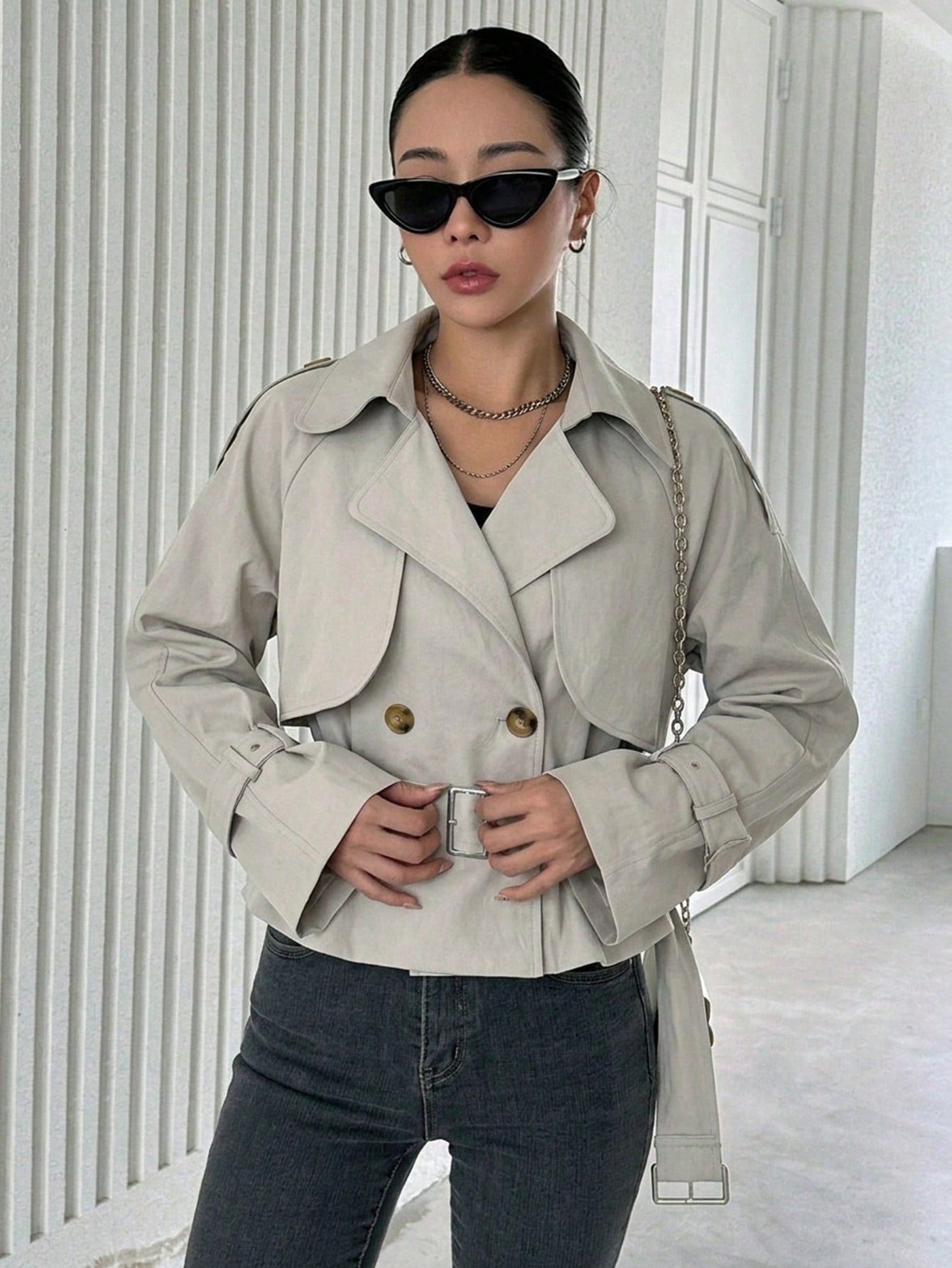 CM-CS164700 Women Elegant Seoul Style Lapel Neckline Long Sleeve Double Breasted Belted Trench Coat - Light Gray