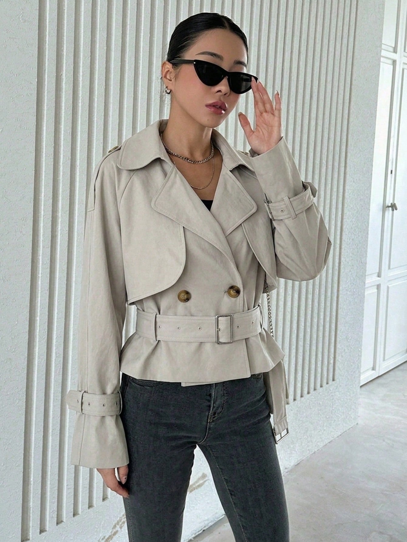 CM-CS164700 Women Elegant Seoul Style Lapel Neckline Long Sleeve Double Breasted Belted Trench Coat - Light Gray