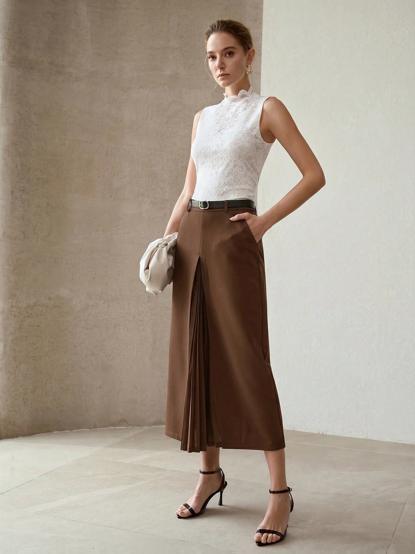 CM-BS396433 Women Elegant Seoul Style Solid Color Mid Waist Pleated Patchwork Skirt - Coffee Brown