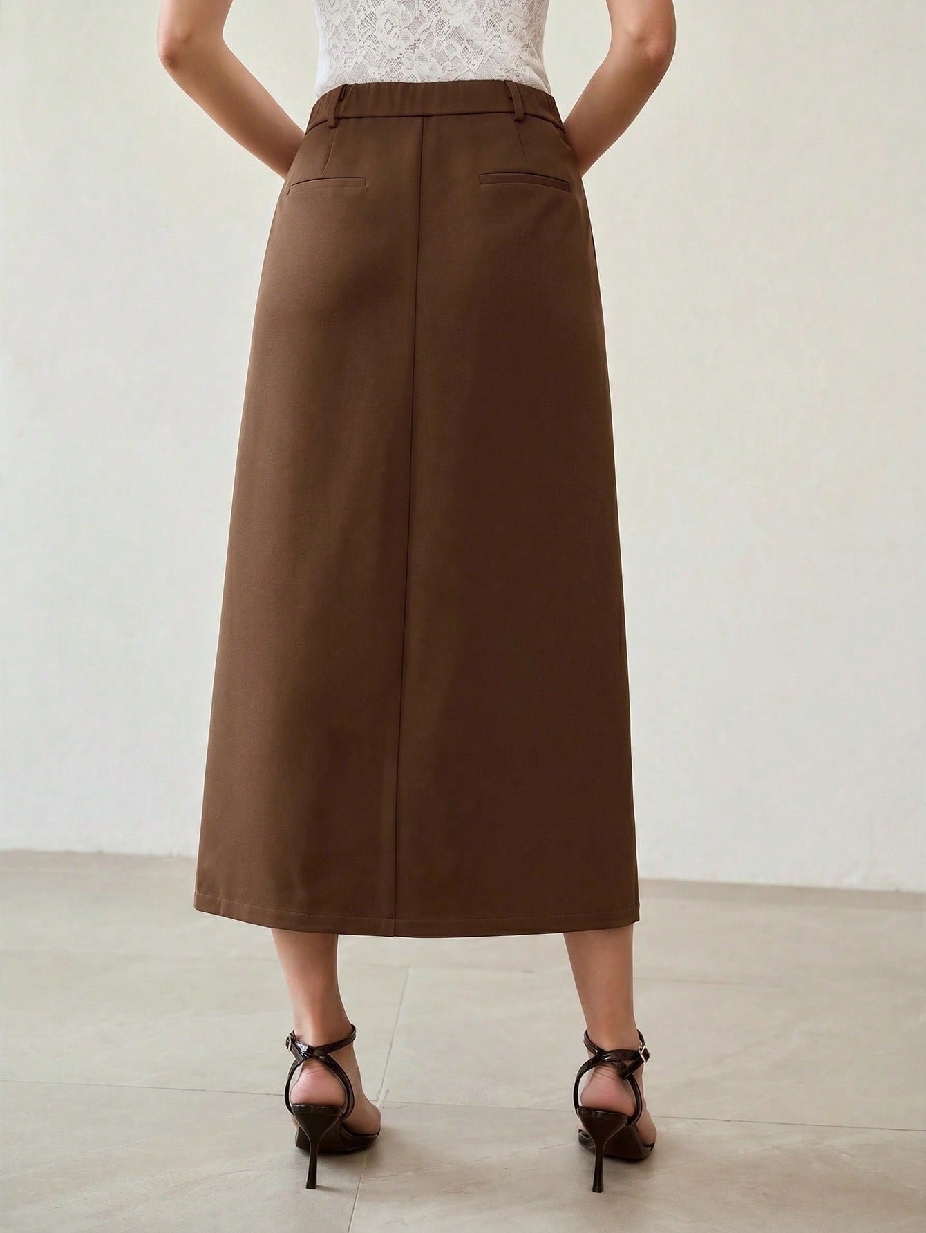 CM-BS396433 Women Elegant Seoul Style Solid Color Mid Waist Pleated Patchwork Skirt - Coffee Brown