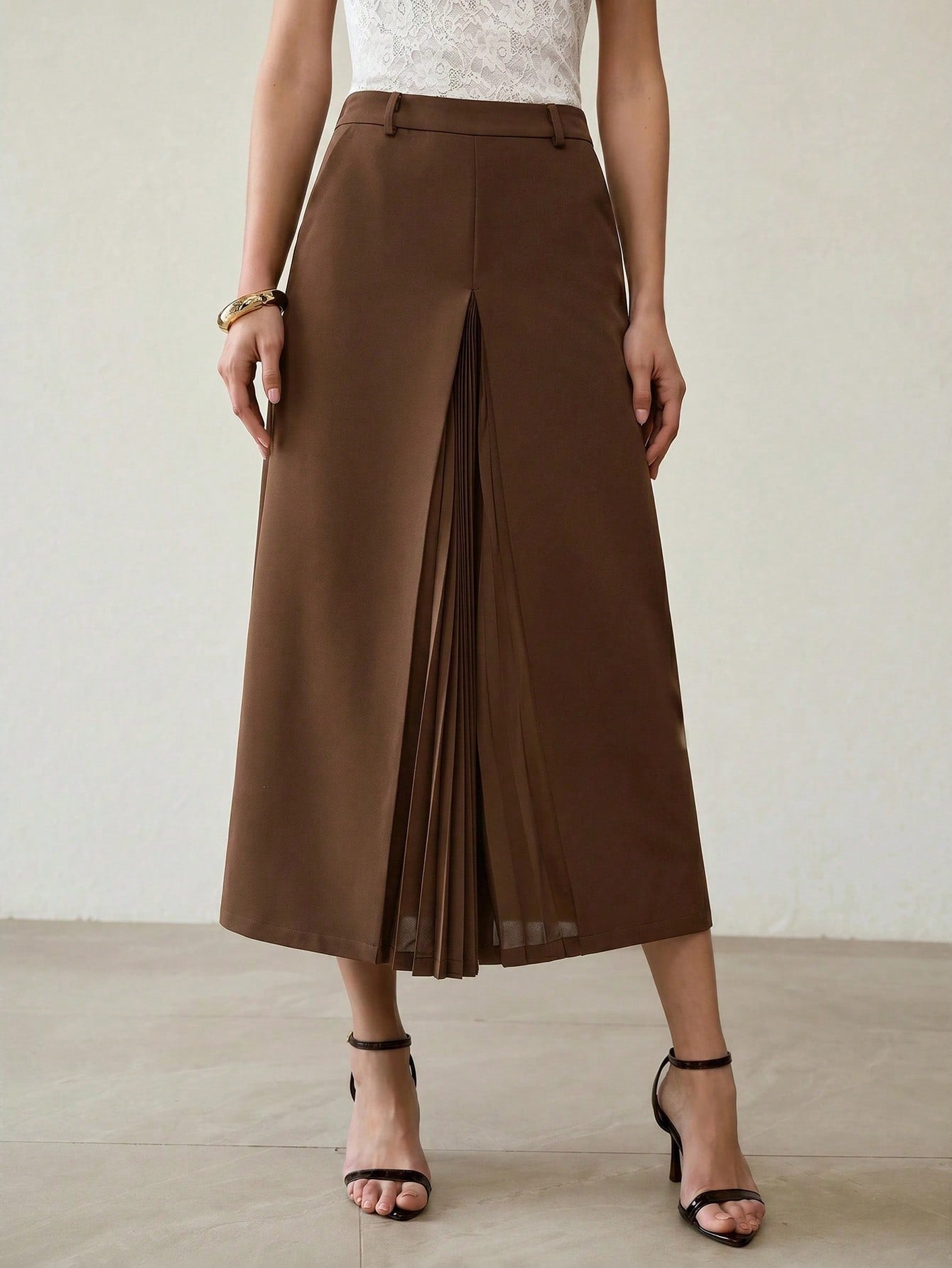 CM-BS396433 Women Elegant Seoul Style Solid Color Mid Waist Pleated Patchwork Skirt - Coffee Brown