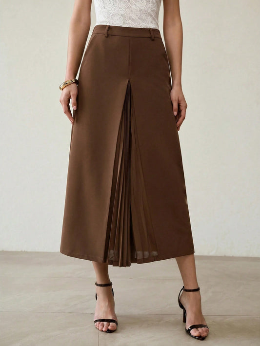 CM-BS396433 Women Elegant Seoul Style Solid Color Mid Waist Pleated Patchwork Skirt - Coffee Brown