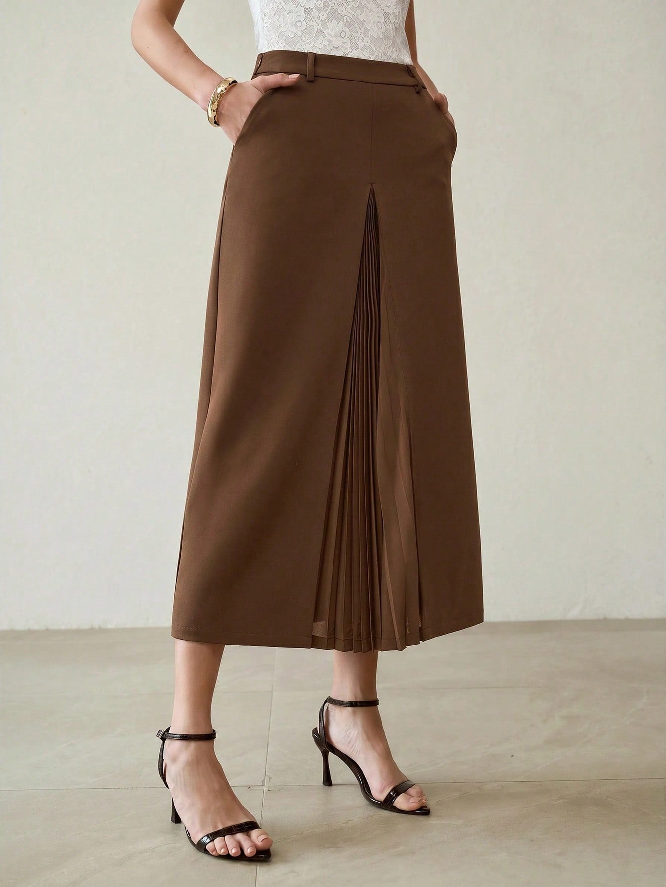 CM-BS396433 Women Elegant Seoul Style Solid Color Mid Waist Pleated Patchwork Skirt - Coffee Brown