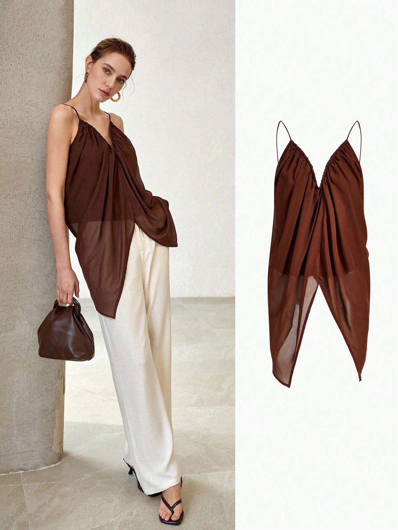 CM-TS057845 Women Casual Seoul Style Spaghetti Strap Ruched Cami Top - Coffee Brown