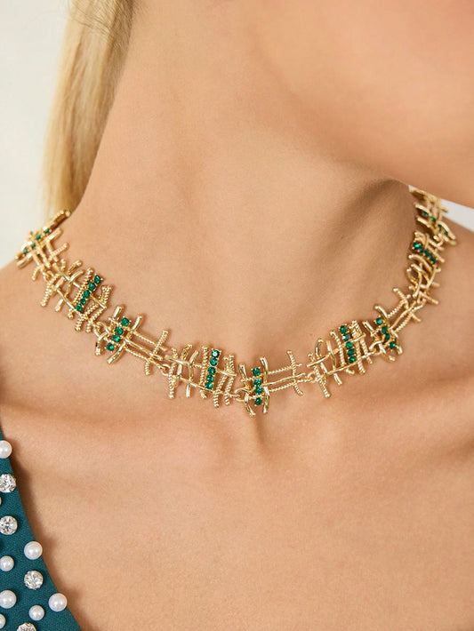CM-AXS549656 Women Trendy Seoul Style Linear Design Sparkling Rhinestone Necklace - Emerald