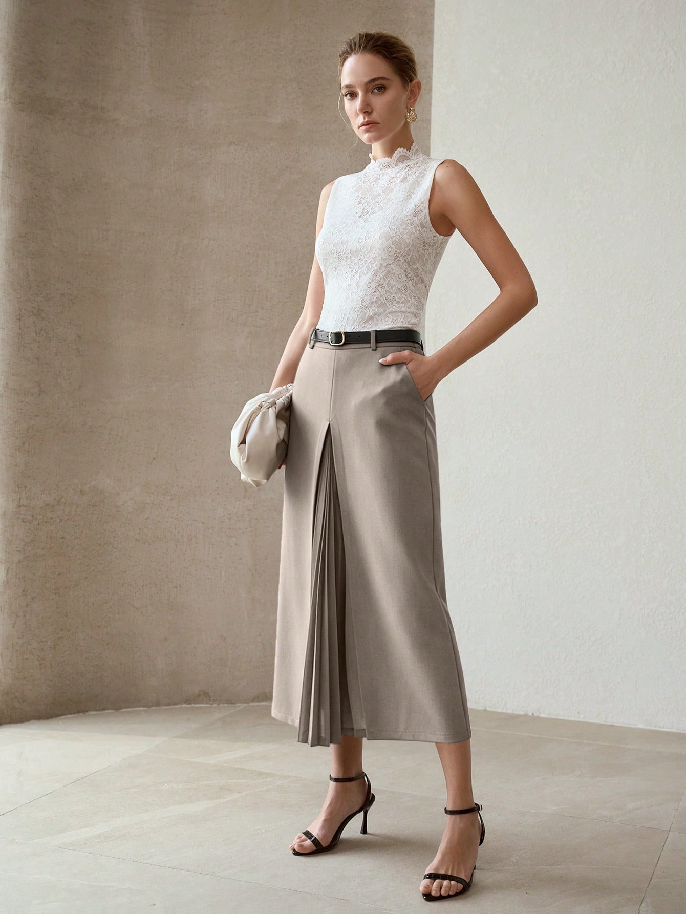 CM-BS022081 Women Elegant Seoul Style Solid Color Mid Waist Pleated Patchwork Skirt - Gray