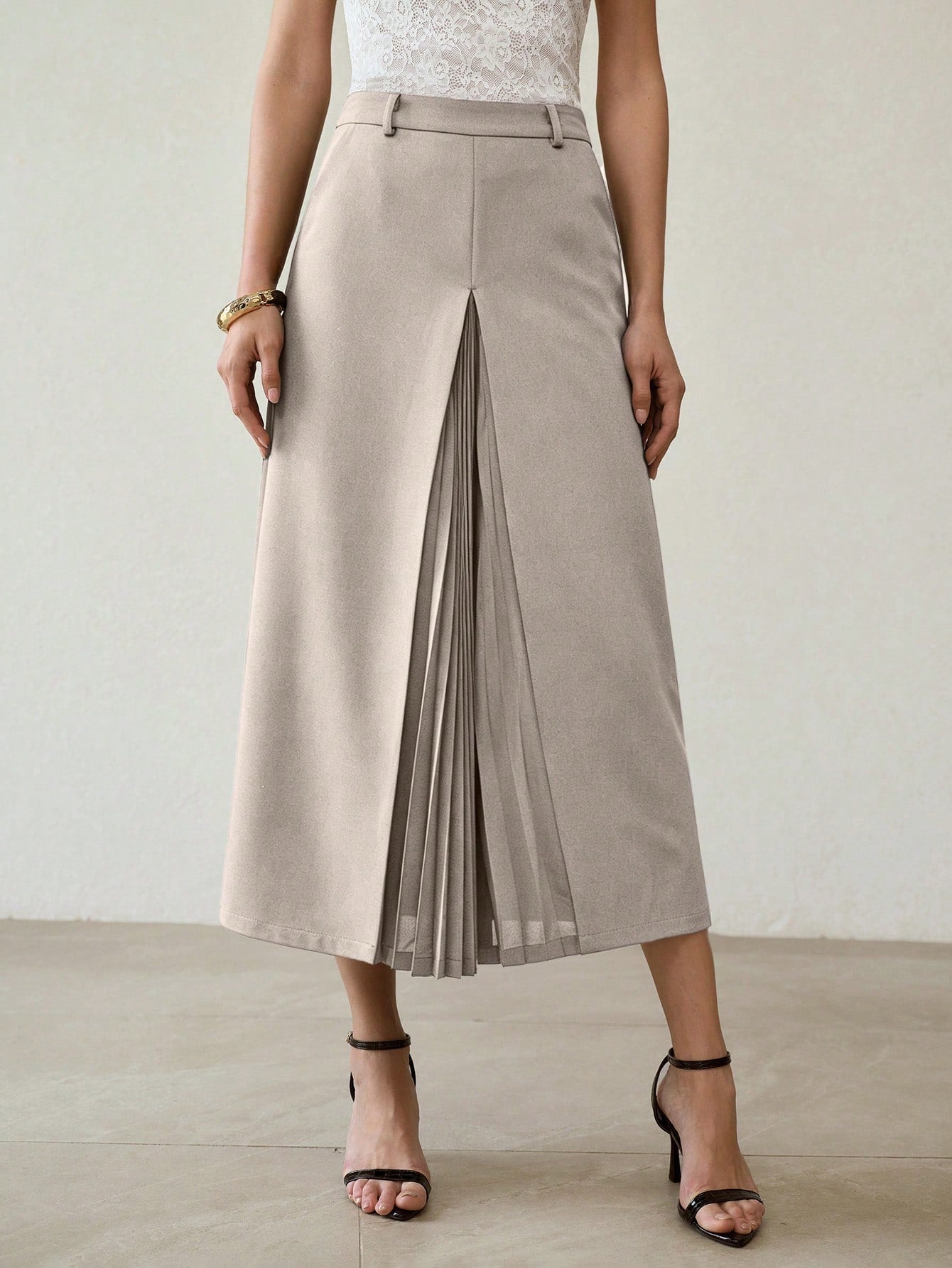 CM-BS022081 Women Elegant Seoul Style Solid Color Mid Waist Pleated Patchwork Skirt - Gray