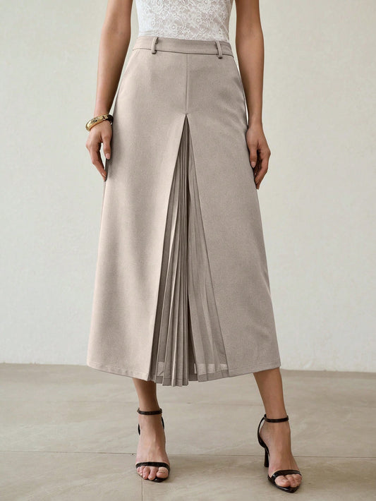 CM-BS022081 Women Elegant Seoul Style Solid Color Mid Waist Pleated Patchwork Skirt - Gray