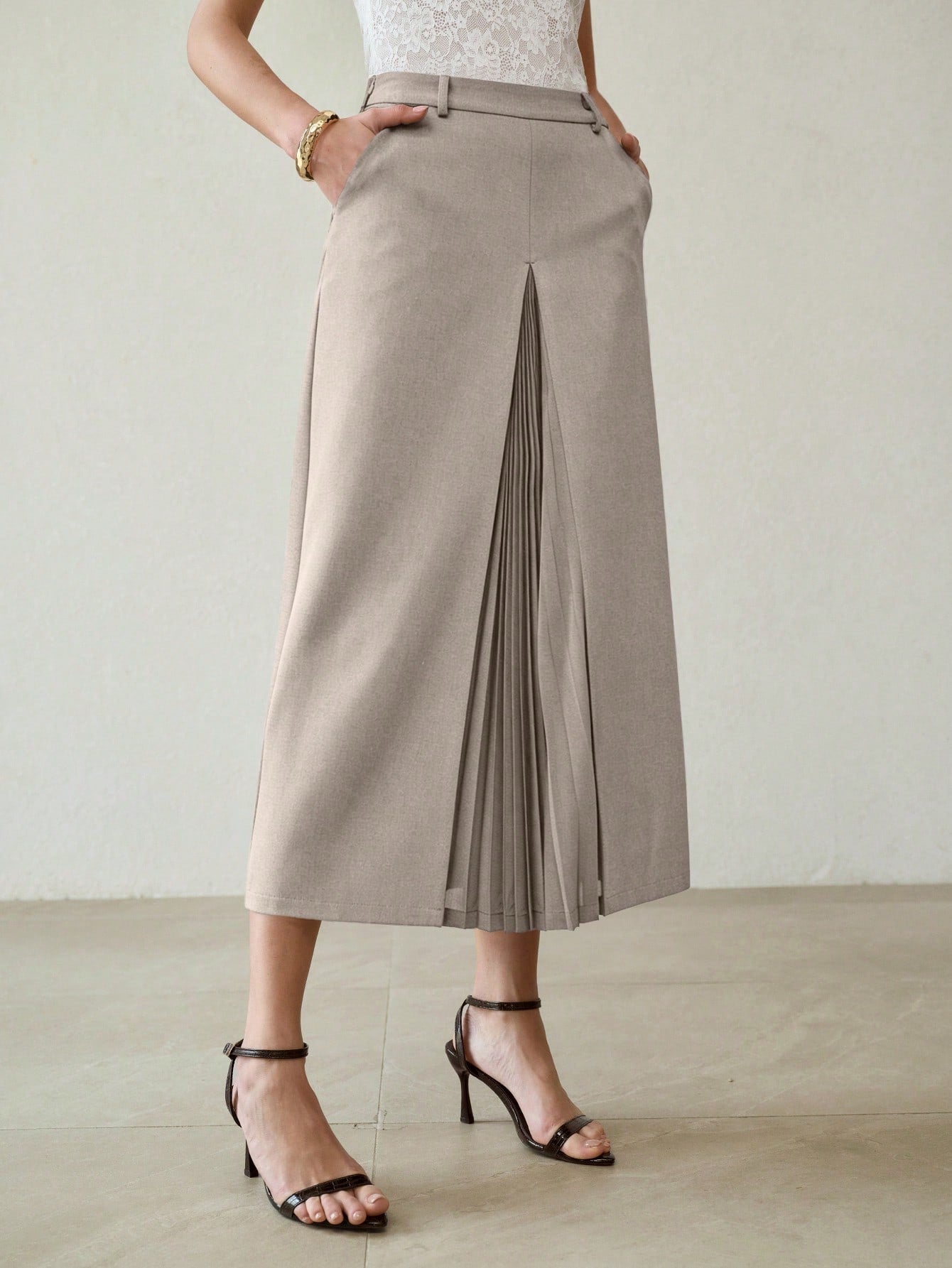 CM-BS022081 Women Elegant Seoul Style Solid Color Mid Waist Pleated Patchwork Skirt - Gray