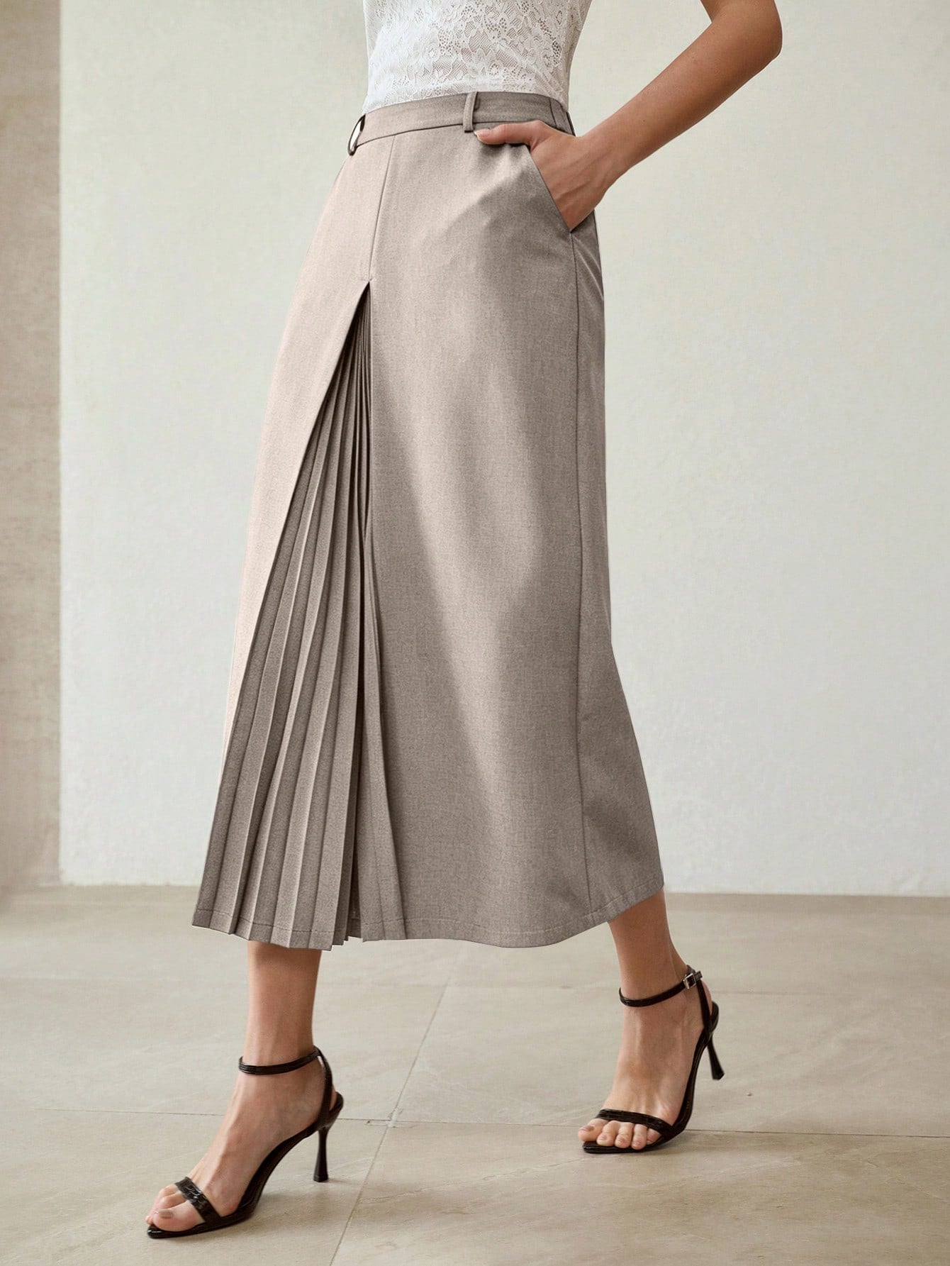 CM-BS022081 Women Elegant Seoul Style Solid Color Mid Waist Pleated Patchwork Skirt - Gray