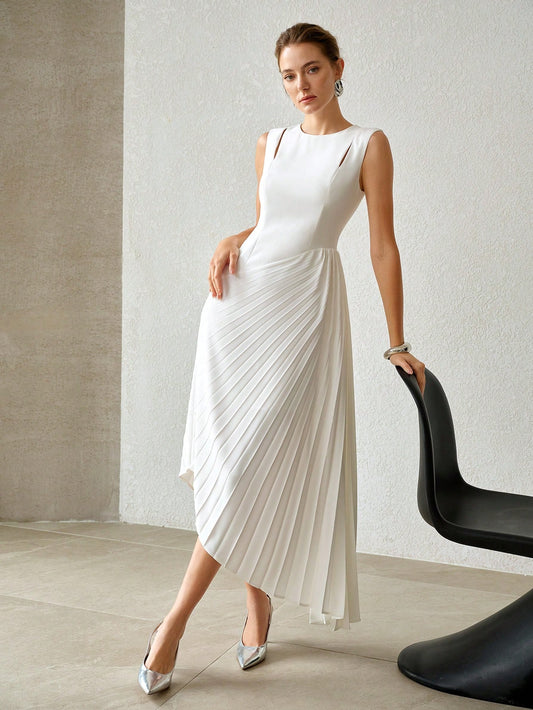 CM-DS131292 Women Elegant Seoul Style Round Neck Sleeveless Cut-Out Asymmetric Hem Pleated Dress - White