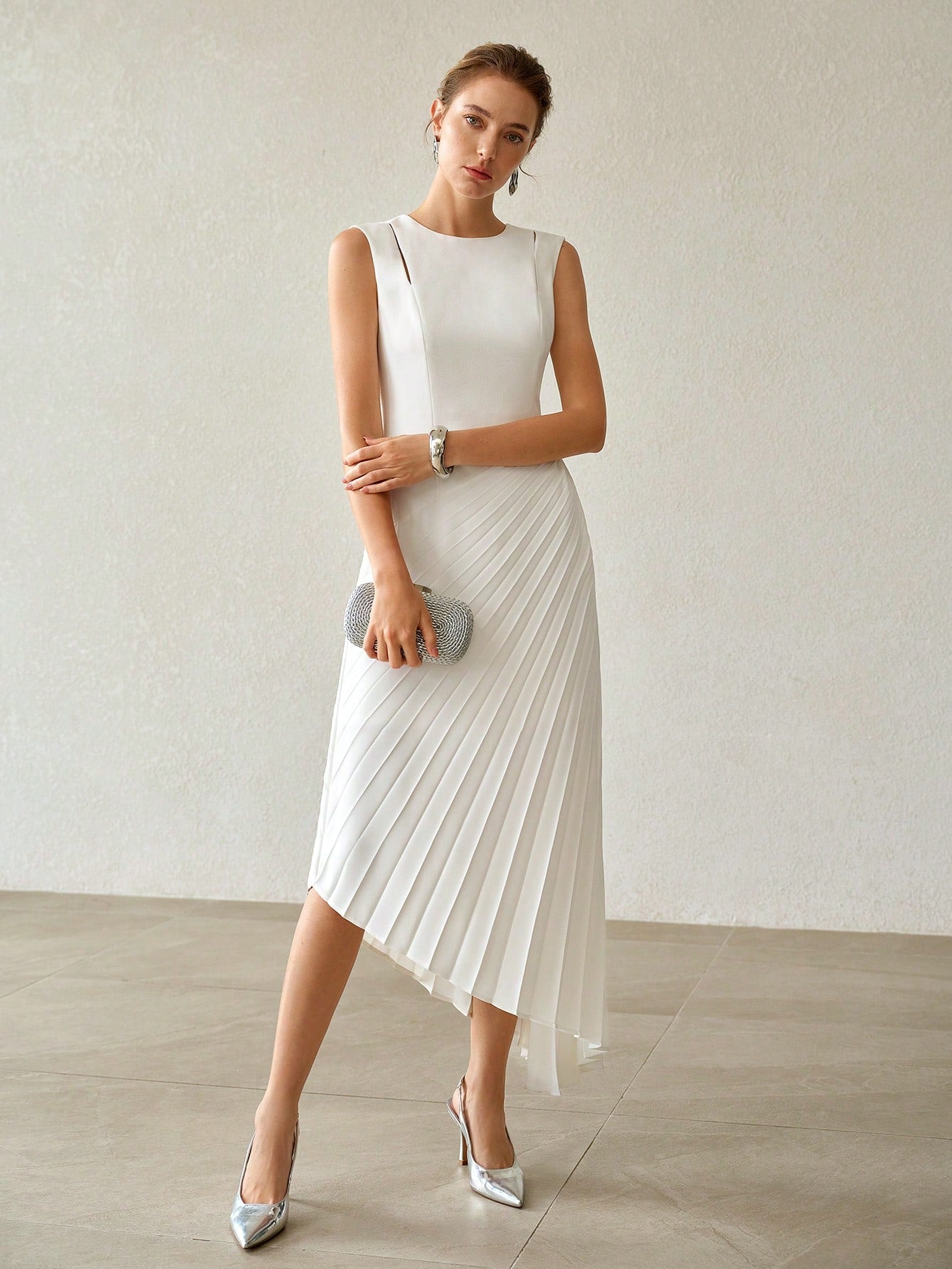 CM-DS131292 Women Elegant Seoul Style Round Neck Sleeveless Cut-Out Asymmetric Hem Pleated Dress - White