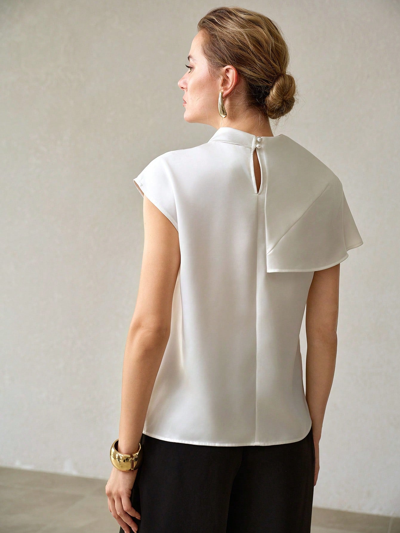 CM-TS097969 Women Elegant Seoul Style Cowl Neck Batwing Sleeve Satin Asymmetrical Blouse - White