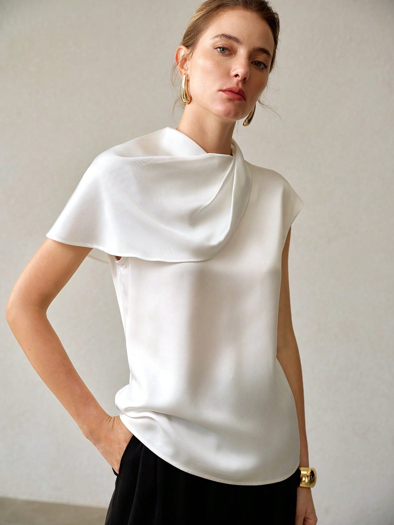 CM-TS097969 Women Elegant Seoul Style Cowl Neck Batwing Sleeve Satin Asymmetrical Blouse - White