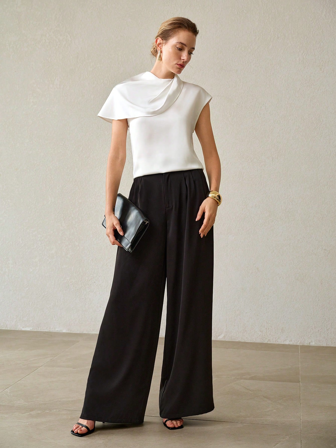 CM-TS097969 Women Elegant Seoul Style Cowl Neck Batwing Sleeve Satin Asymmetrical Blouse - White