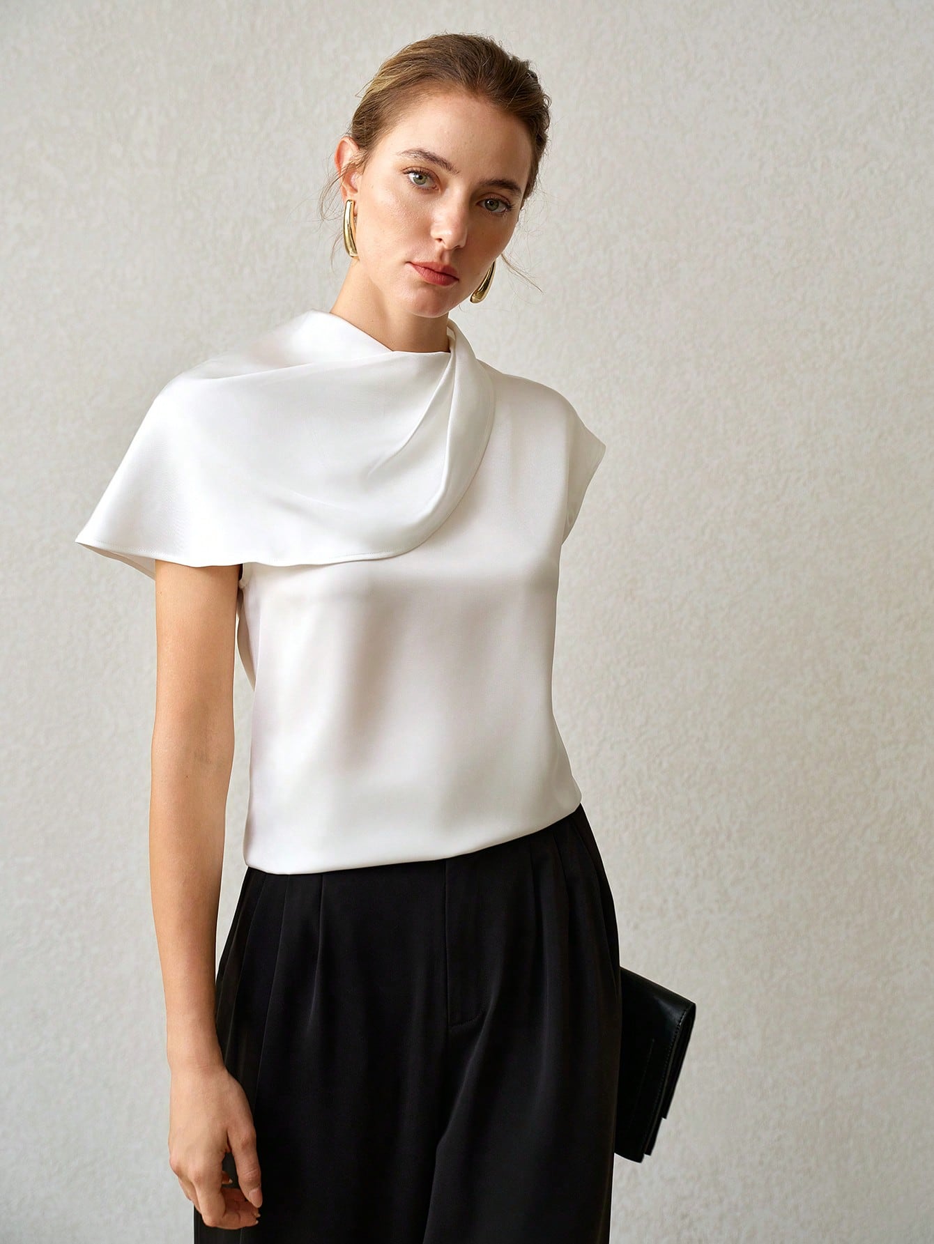 CM-TS097969 Women Elegant Seoul Style Cowl Neck Batwing Sleeve Satin Asymmetrical Blouse - White