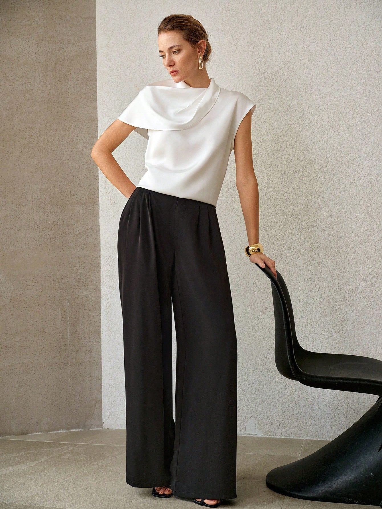 CM-TS097969 Women Elegant Seoul Style Cowl Neck Batwing Sleeve Satin Asymmetrical Blouse - White